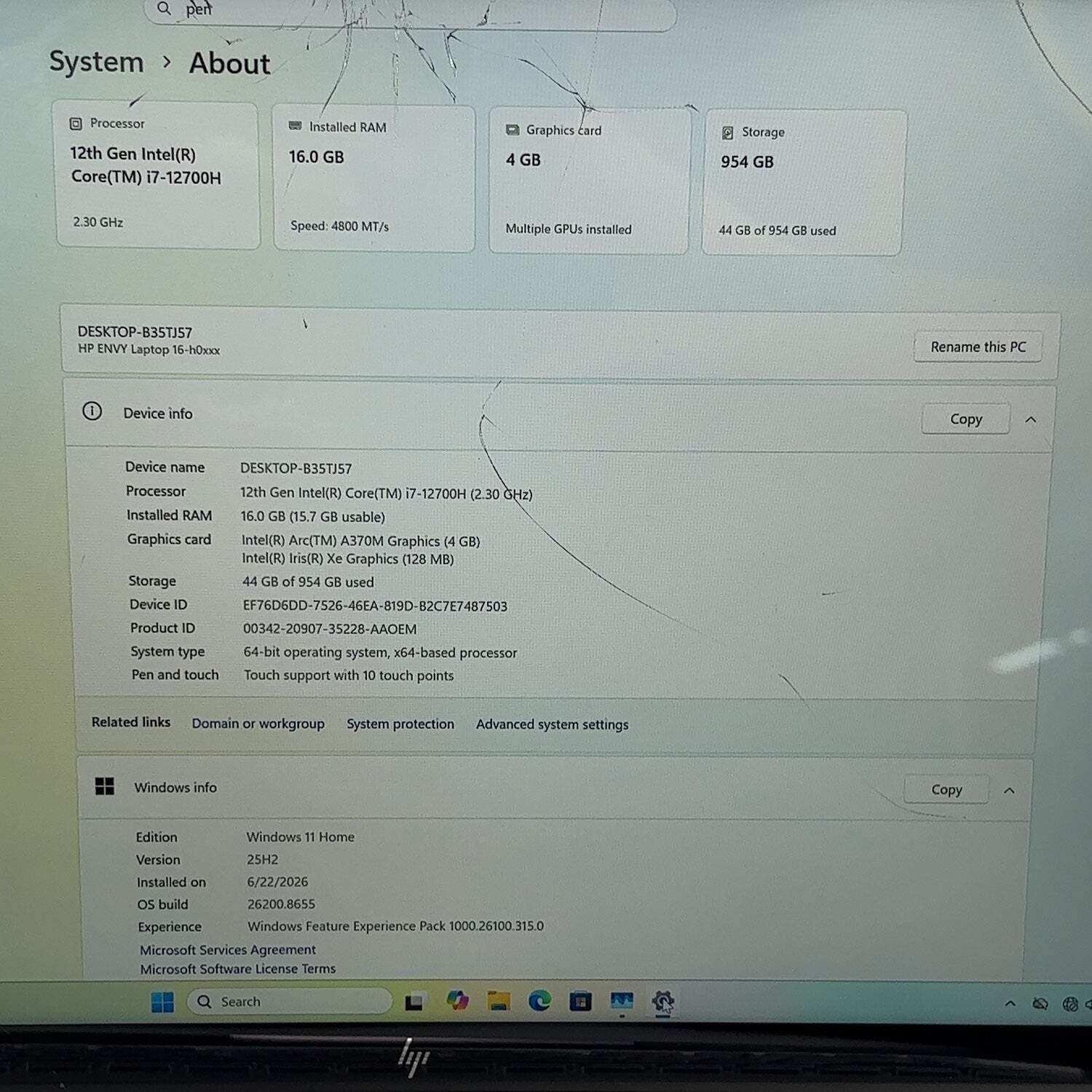 Broken HP Envy 16-H0003NR i7-12700H 2.3GHz 16GB RAM 1TB SSD Intel Arc A370M READ