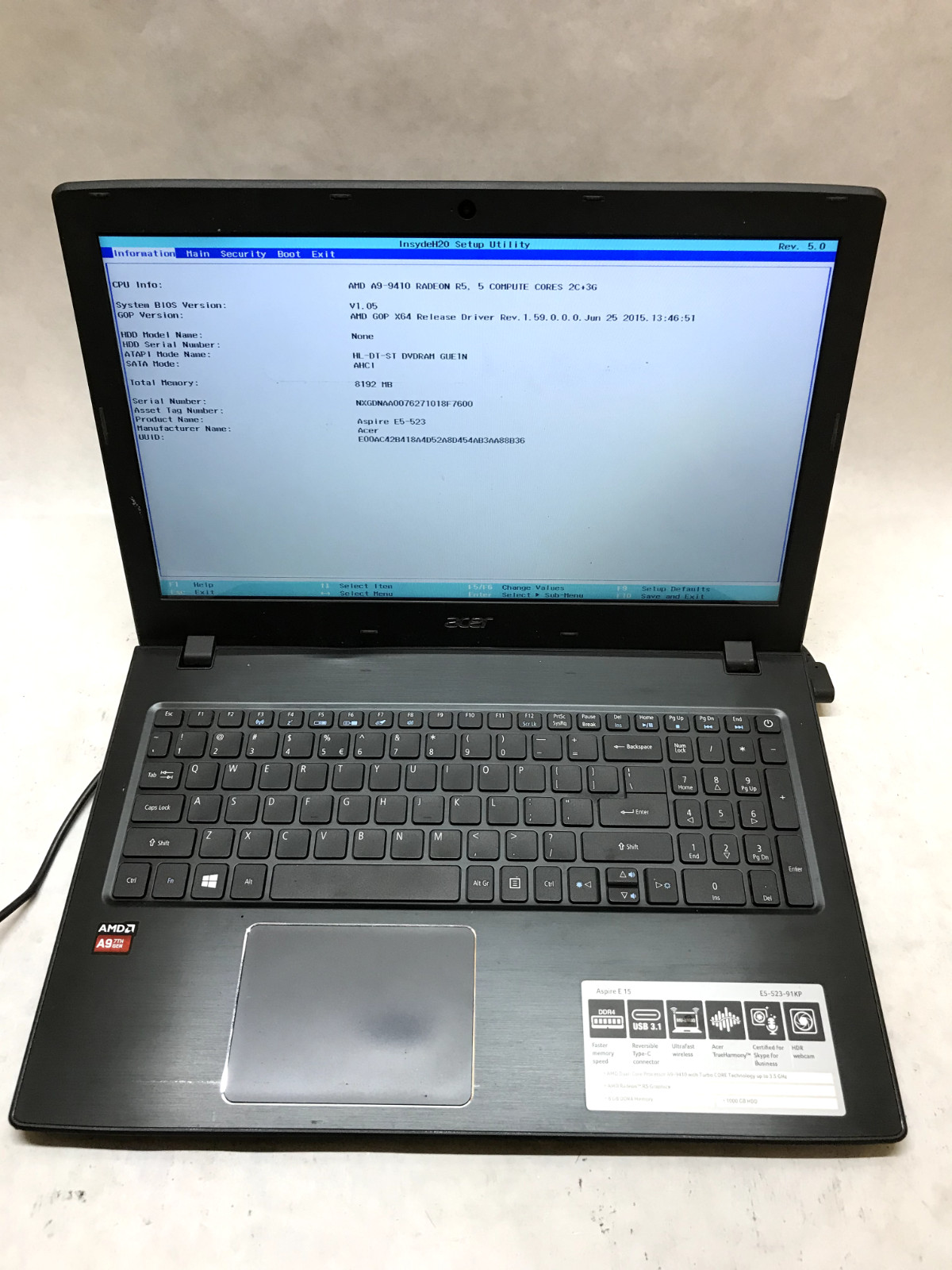 Acer e5-523-91kp 15.6″ Laptop AMD Radeon A9-9410 2.9GHz 8GB RAM NO HDD NO OS -DW