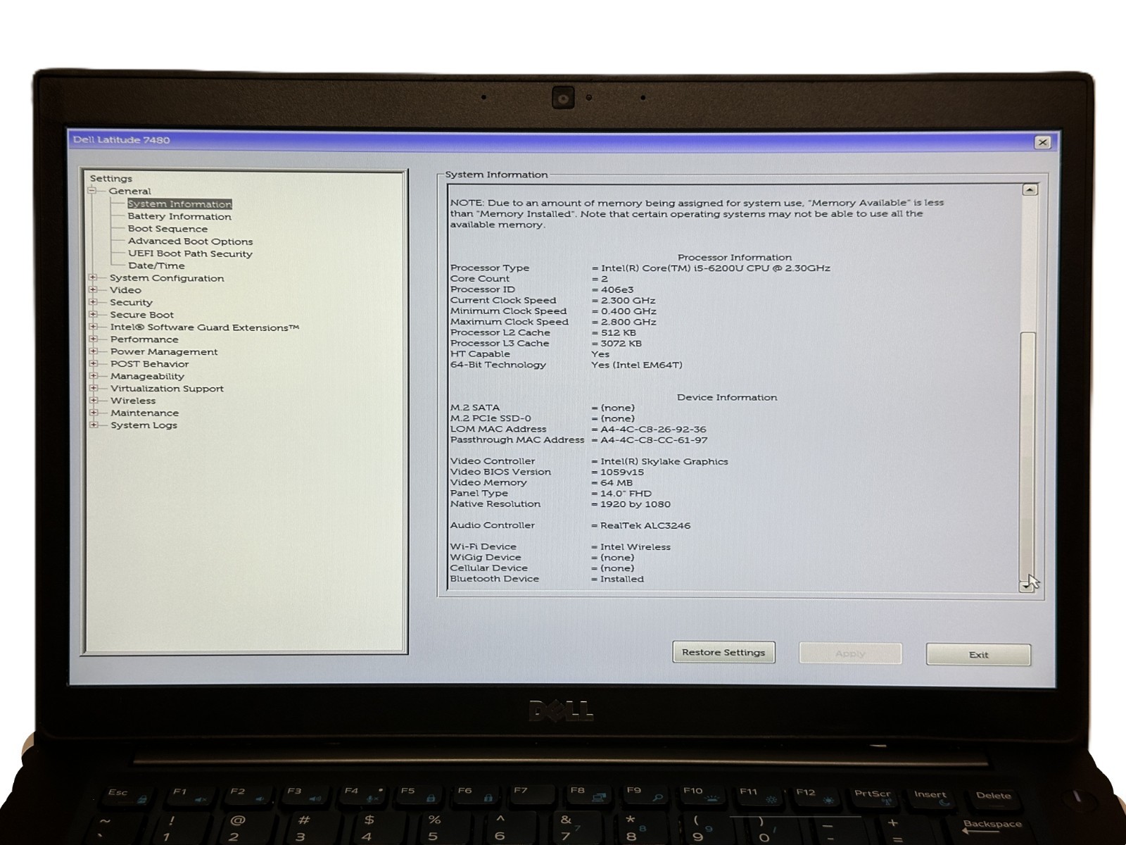 Dell Latitude 7480 14” i5-6200U 2.3 GHz | NO RAM, SSD, Battery, AC | ✅ BIOS