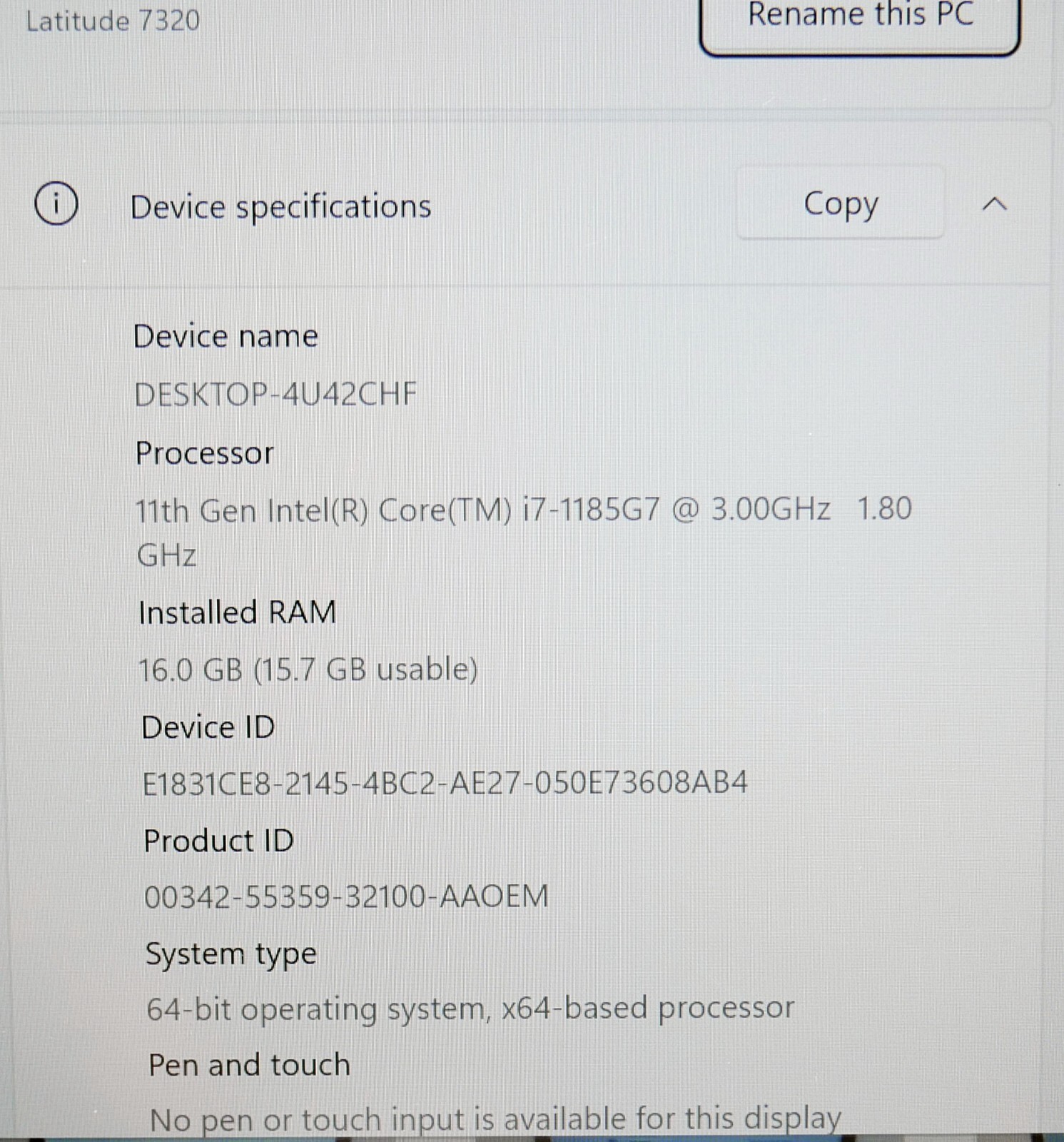 Dell Latitude 7320 Intel Core i7-1185G7 256GB SSD 16GB RAM Windows 11 Pro Camera