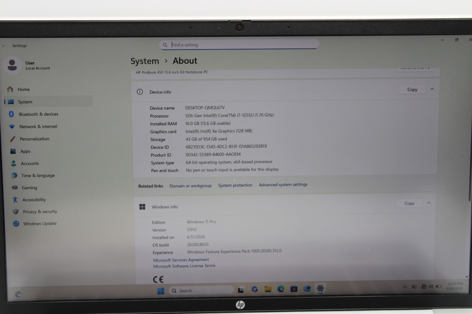 HP ProBook 450 G9 i7-1255U @ 1.7 GHz 16 GB RAM 1 TB SSD Win11Pro