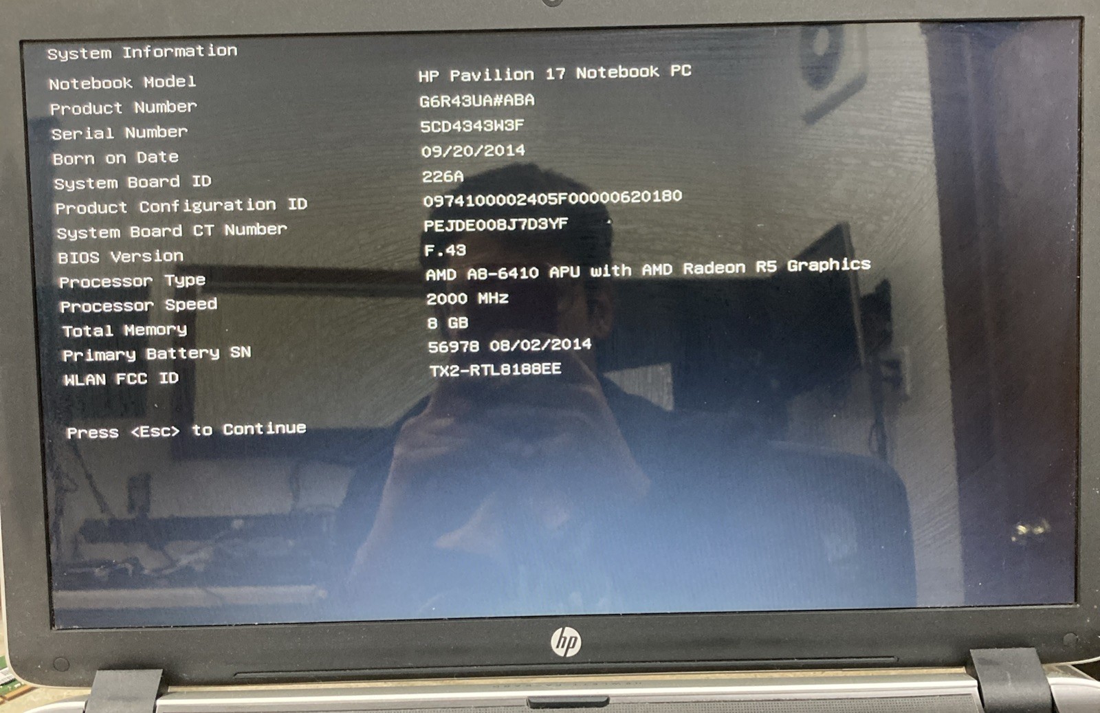 HP Pavilion 17-f053us AMD A8-6410 AMD Radeon R5 2GHZ 8GB NO HDD Boot to BIOS