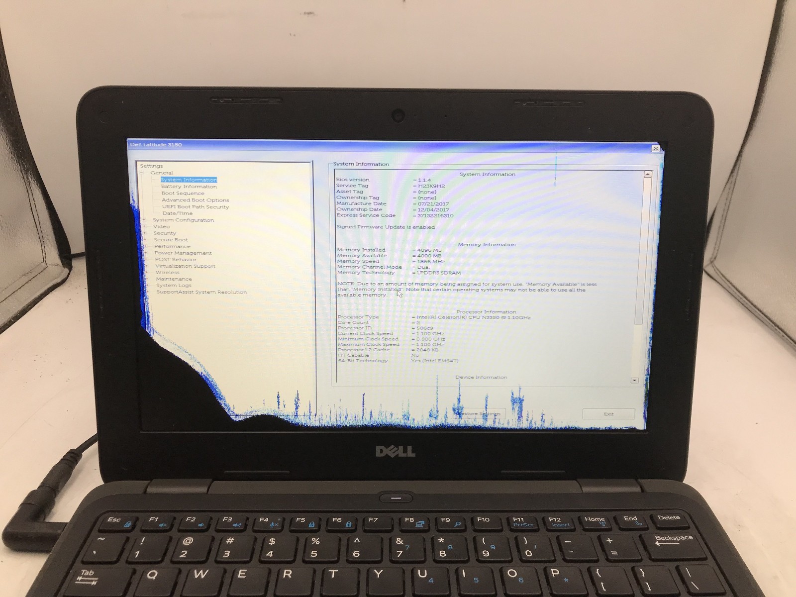 DELL LATITUDE 3180 – BOOTS TO BIOS/BAD LCD – INTEL CELERON N3350 – 4GB RAM – BB!