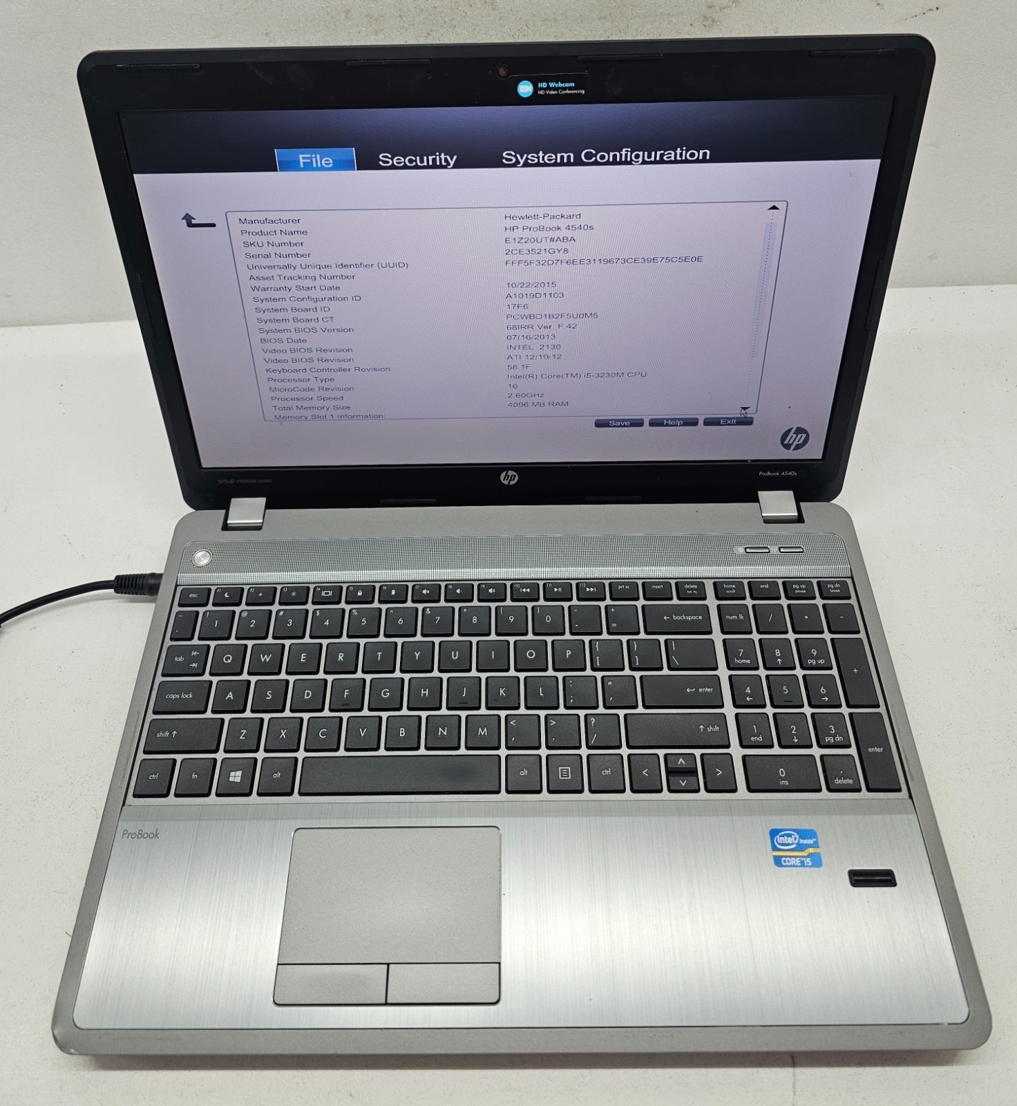 HP ProBook 4540s 15.6″ Laptop Intel Core i5-3230M 4GB Ram NO HD/OS/BATT (FL)