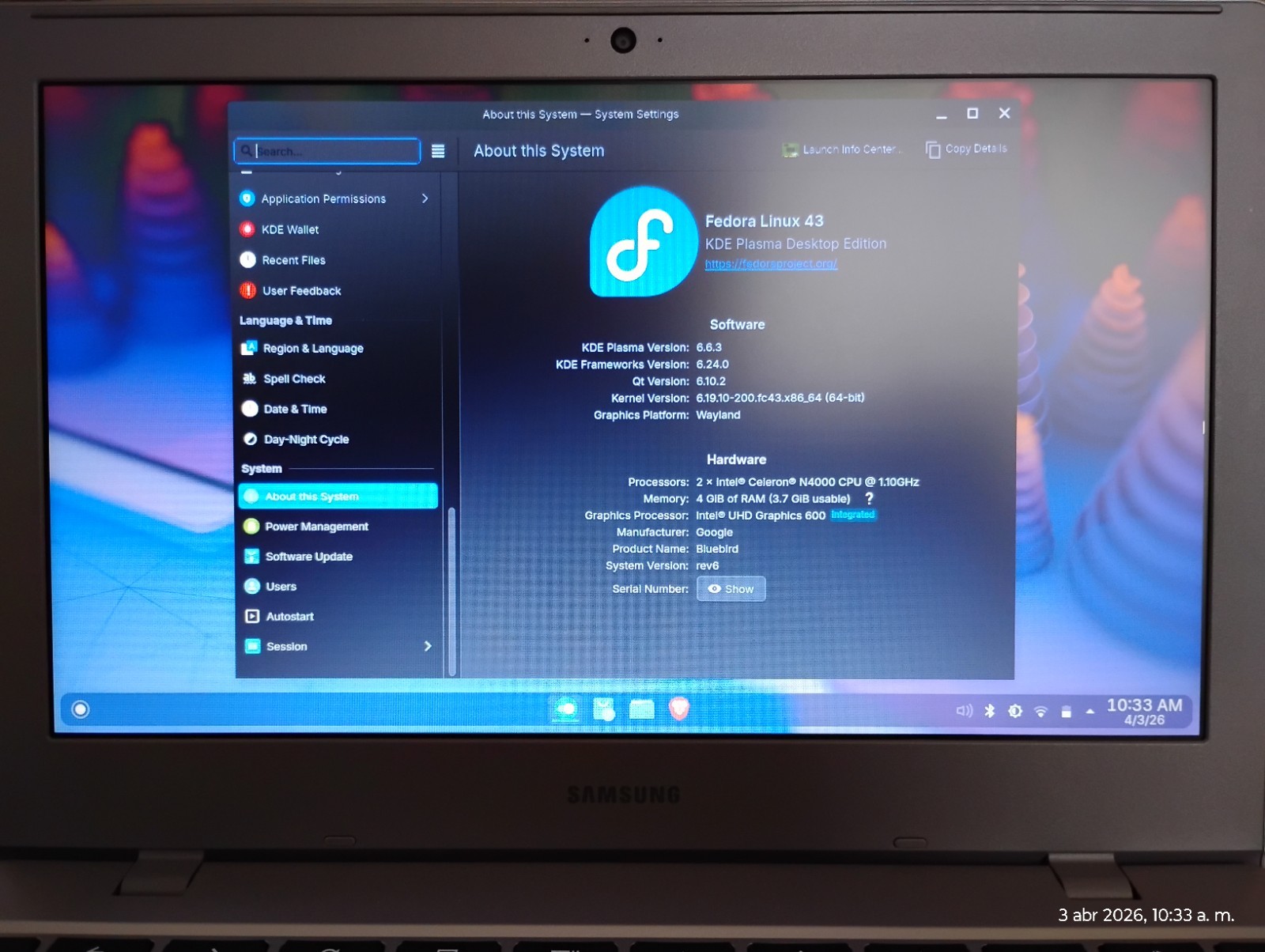 SAMSUNG XE310XBA Chromebook 4 11.6″ Intel Celeron N4000 4GB RAM Fedora 43
