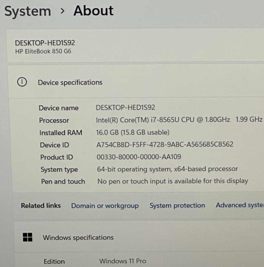 HP ELITEBOOK 850 G6 LAPTOP CORE i7-8565U @ 1.80Ghz 16GB RAM 238GB SSD (lp521)