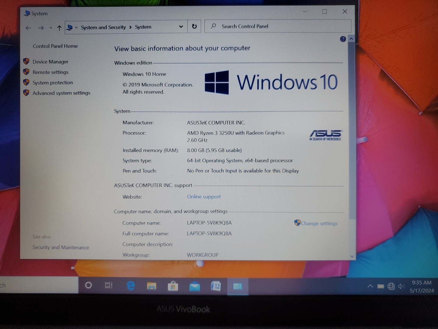 ASUS F412D VivoBook 14″ FHD Ryzen 3 3250U 2.6GHz AMD Radeon Graphics 8GB 256GB