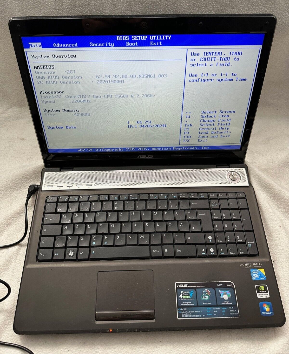 ASUS X64V NOTEBOOK LAPTOP, Intel T6600 2.20GHz, No HDD, 4GB RAM, Used
