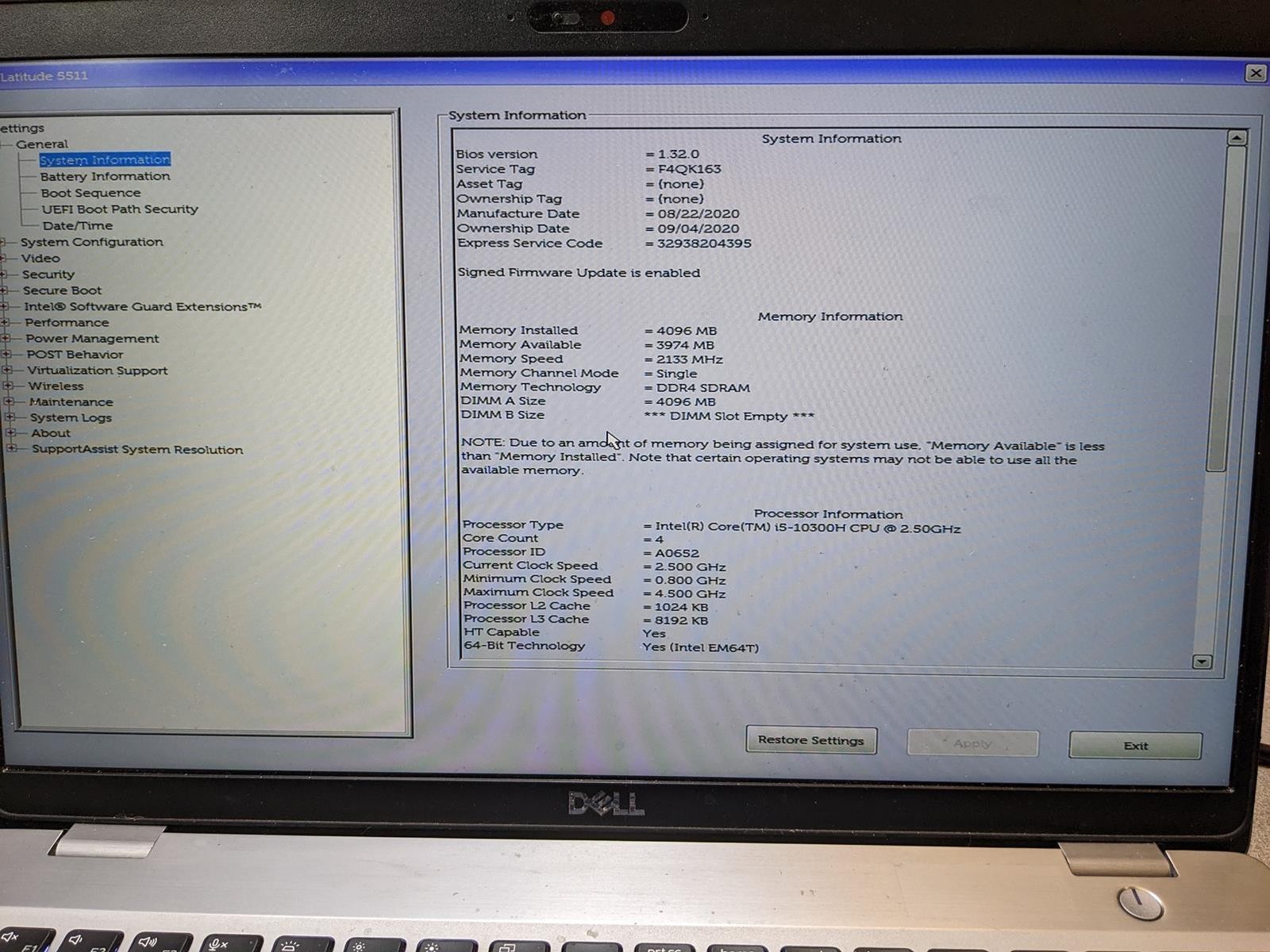 DELL LATITUDE 5511 i5-10300H @ 2.5 GHz, 4GB RAM, NO HDD/OS