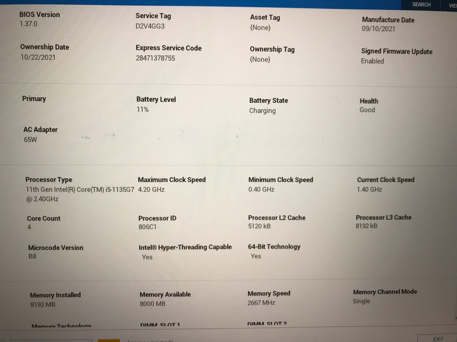 Dell Latitude 3420 / Intel Core i5-1135G7 1.40GHz / 8GB RAM / No SSD