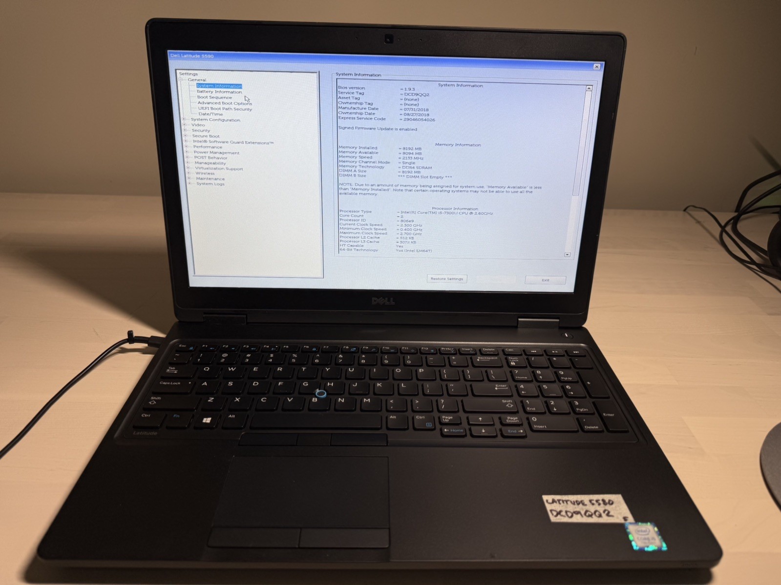Dell Latitude 5580 Laptop Intel Core i5 7th Gen No HD/OS/AC Adapter- Bad Battery