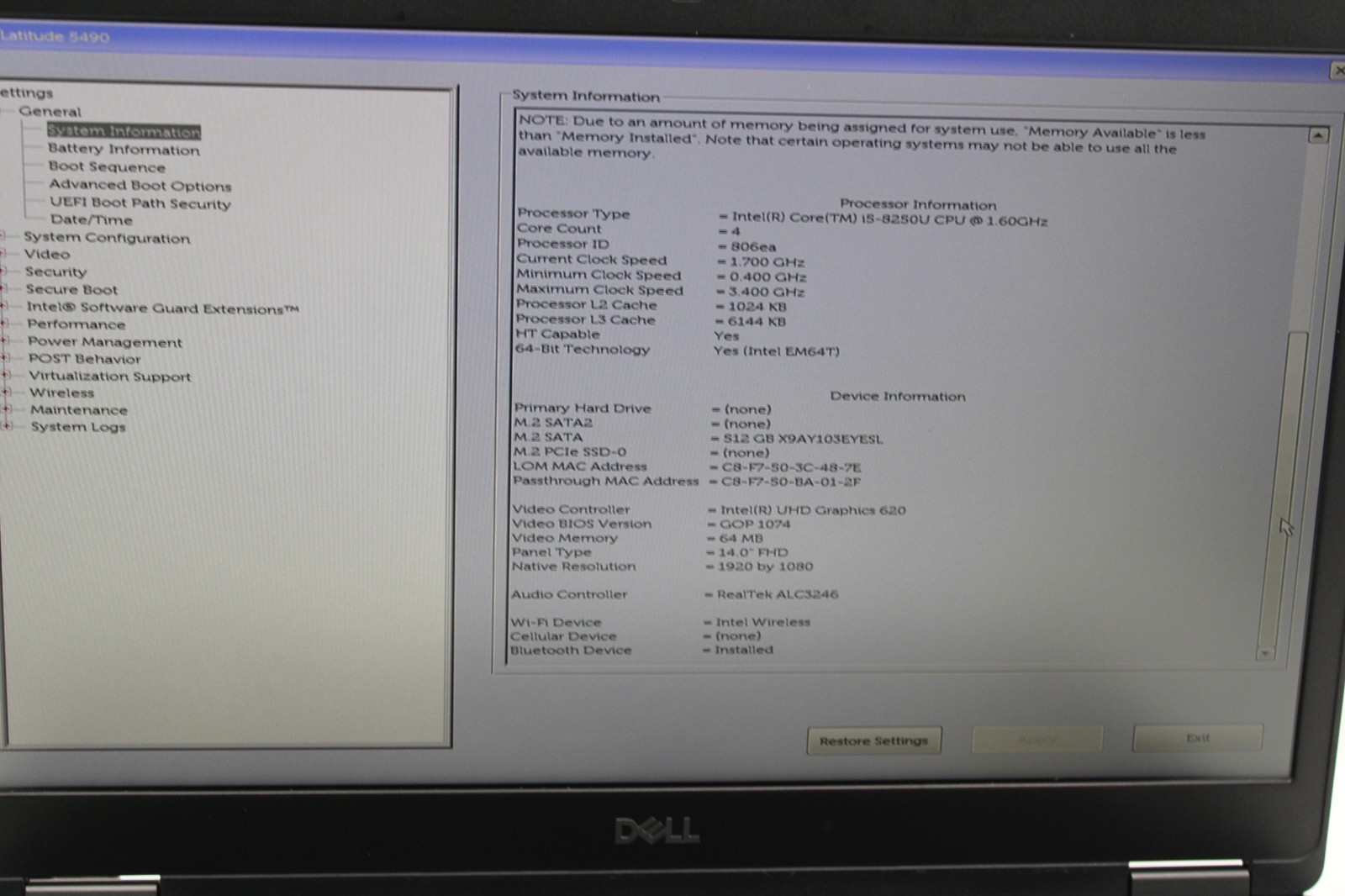 Dell Latitude 5490 i5-8250U @ 1.6 GHz 16GB RAM 512GB SSD Win11Home
