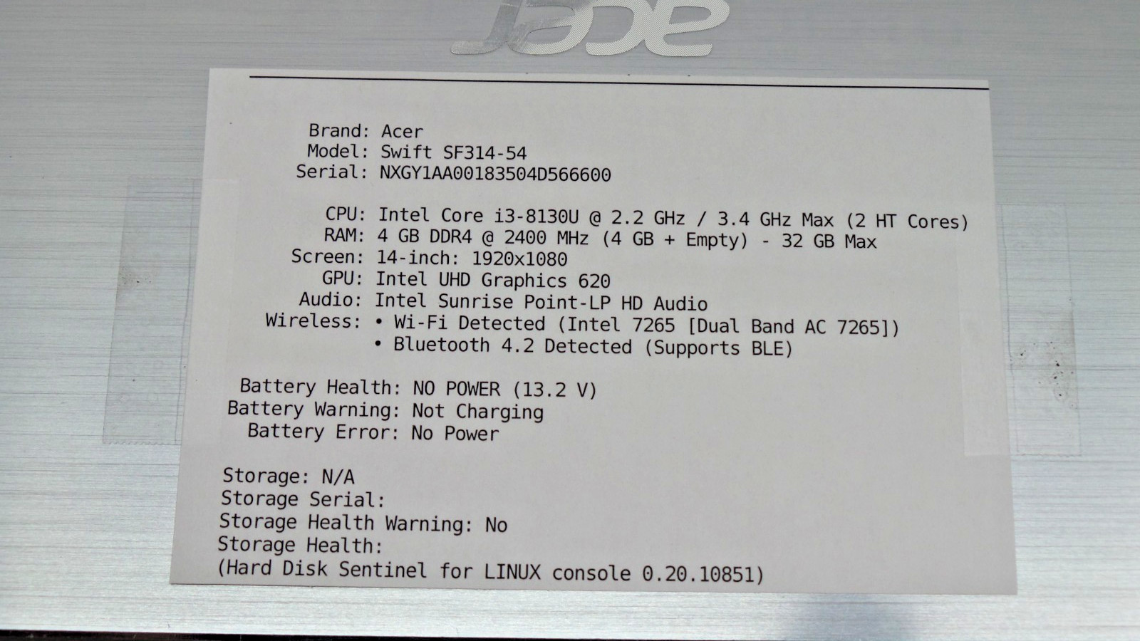 Lot of 4 ACER SWIFT 3 SF314-54 | 14in | i3-8130U | 4 GB RAM | NO SSD or Charger