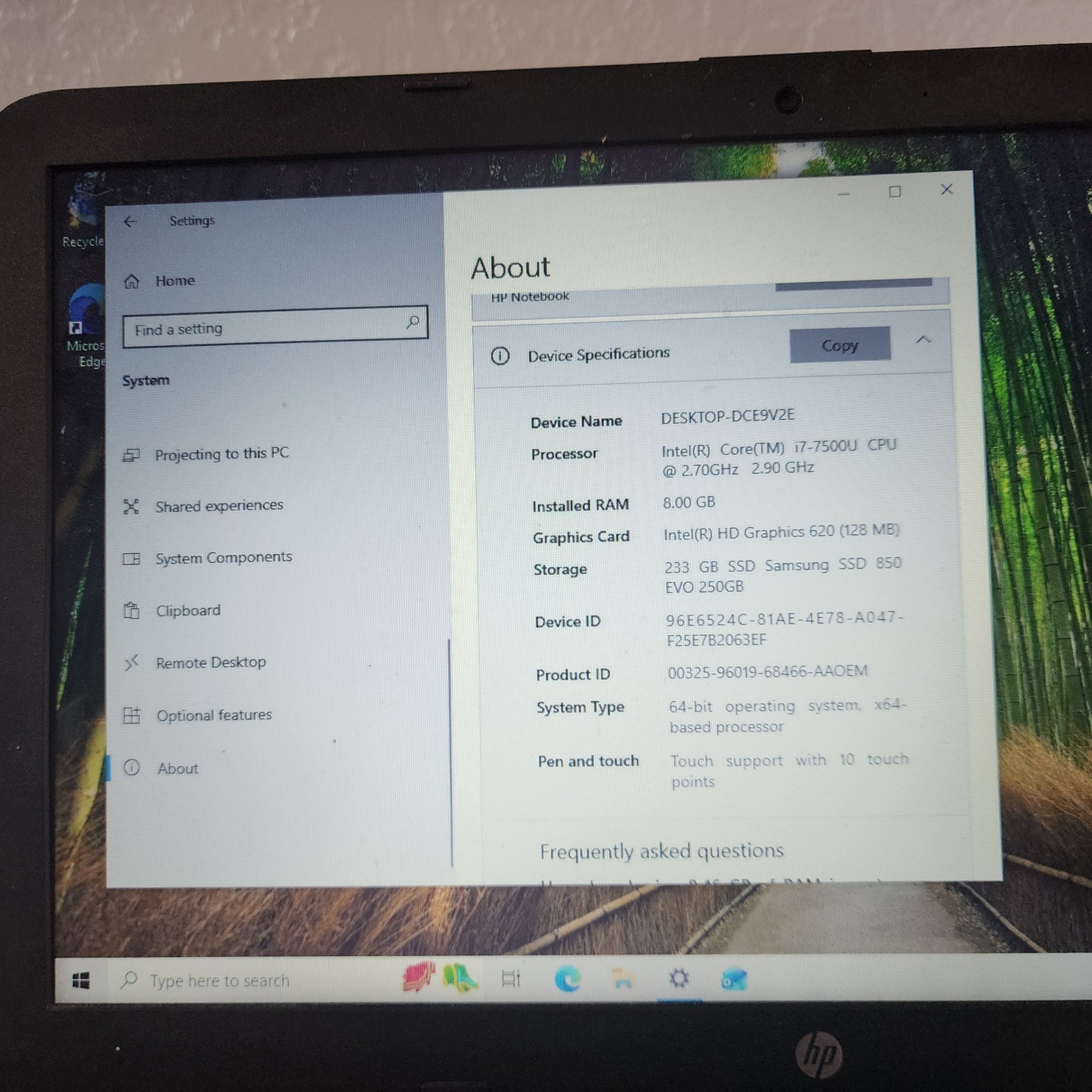 HP Notebook TPN-C125 Intel Core i7-7500U 8GB RAM 250GB SSD Touchscreen Win 10
