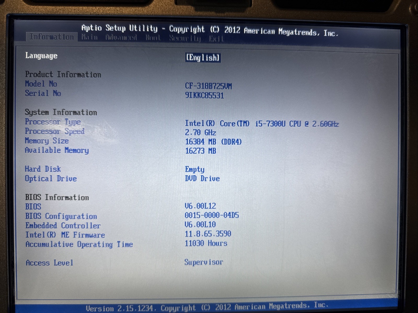 Panasonic Toughbook CF-31 Touchscreen i5-7300U 16GB DDR4 DVDRW No HD/OS/AC