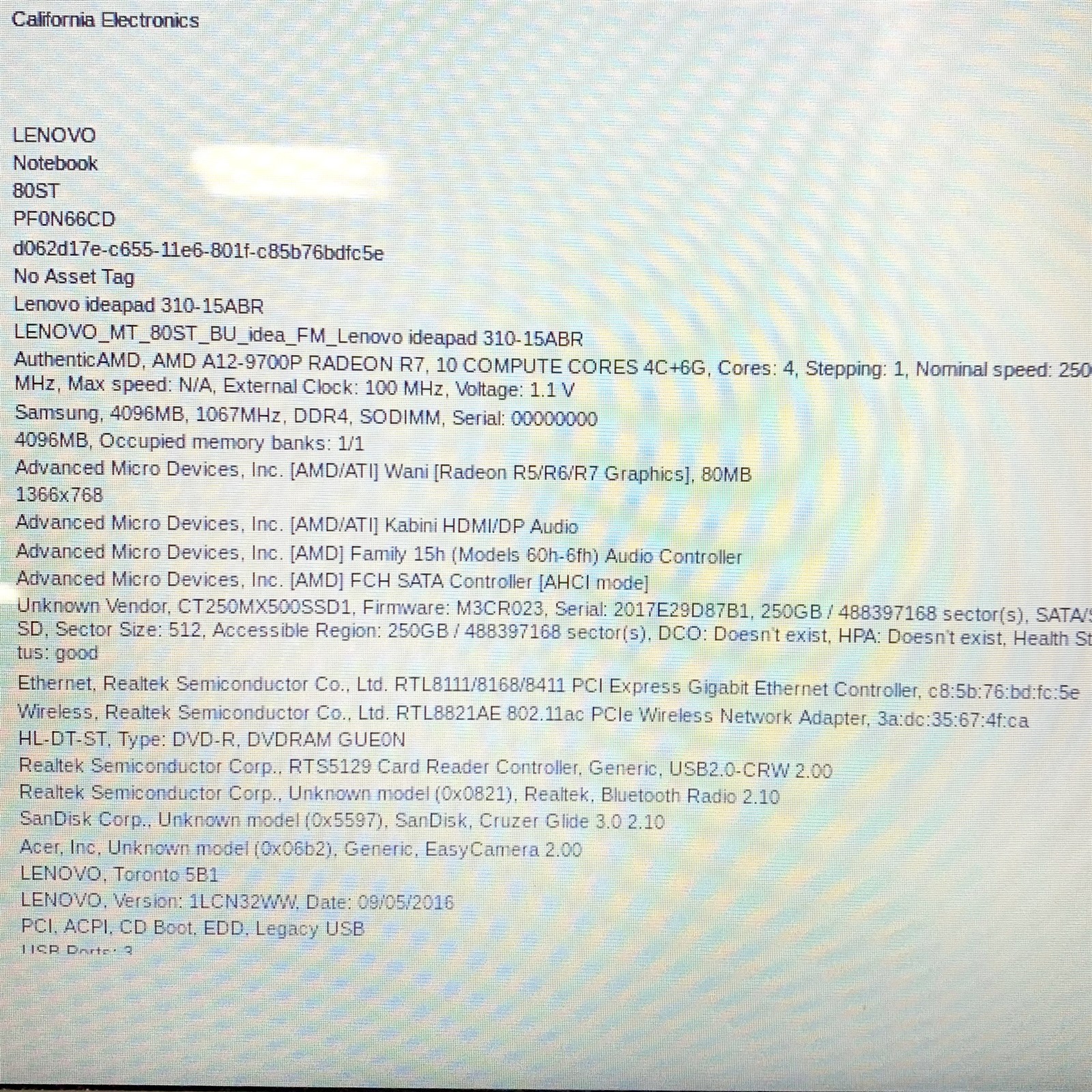 Lenovo Ideapad 310-15ABR 15.6″ AMD A12-9700P Radeon R7 4GB 250GB Win 10 Ram Slot