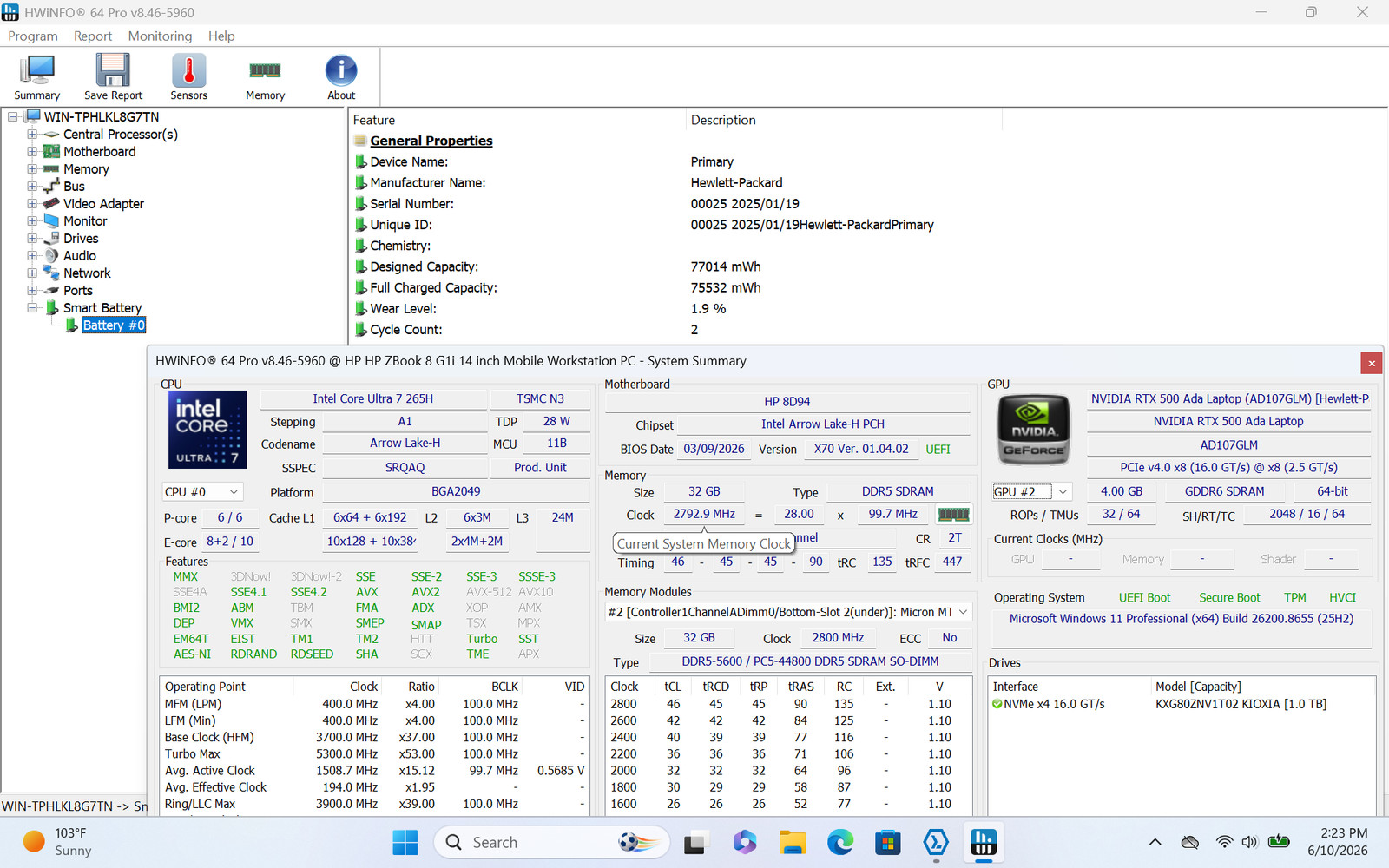 HP ZBook 8 G1i 14 Ultra 7 265H RTX 500 Ada 32GB 1TB W11P Grade B