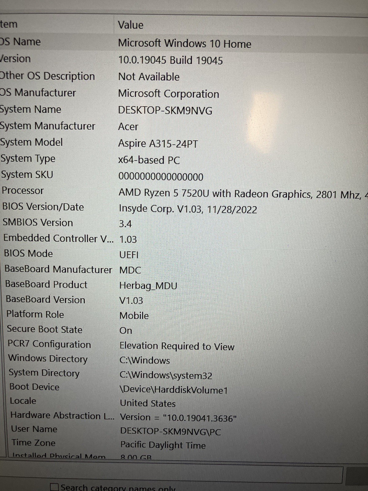 ACER ASPIRE 3 A315 15.6” WIN 10 8GB For Parts Has Problem