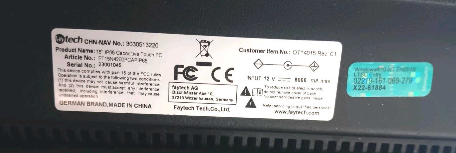 Faytech FT15 iP65 Outdoor Touch PC Intel(R) Pentium(R) 1.10 GHZ 4 GB (DDR3L)