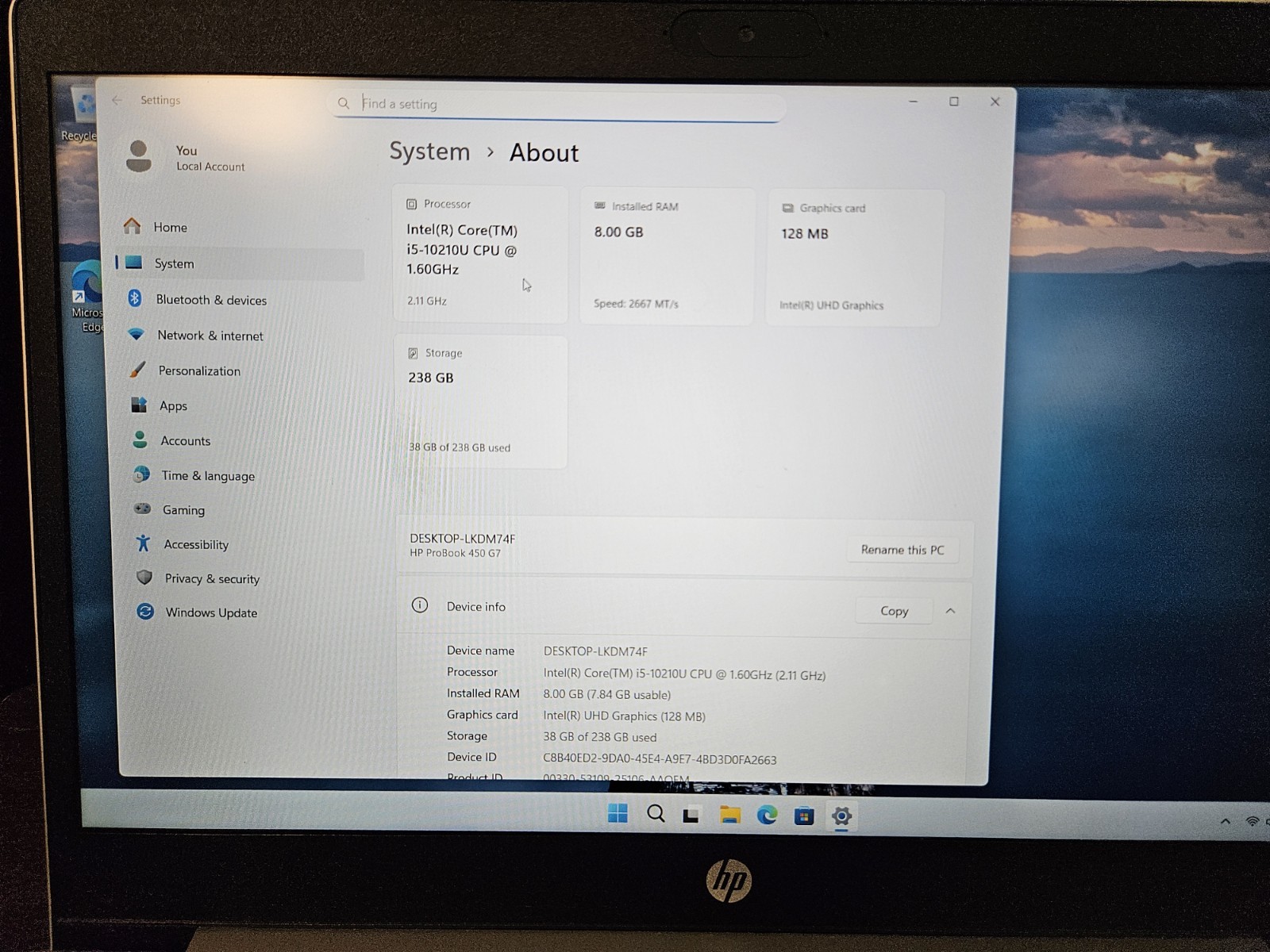 HP ProBook 450 G7 15.6″ FHD IPS Intel i5-10210U 1.6GHz 8GB 256GB NVMe Win 11Pro