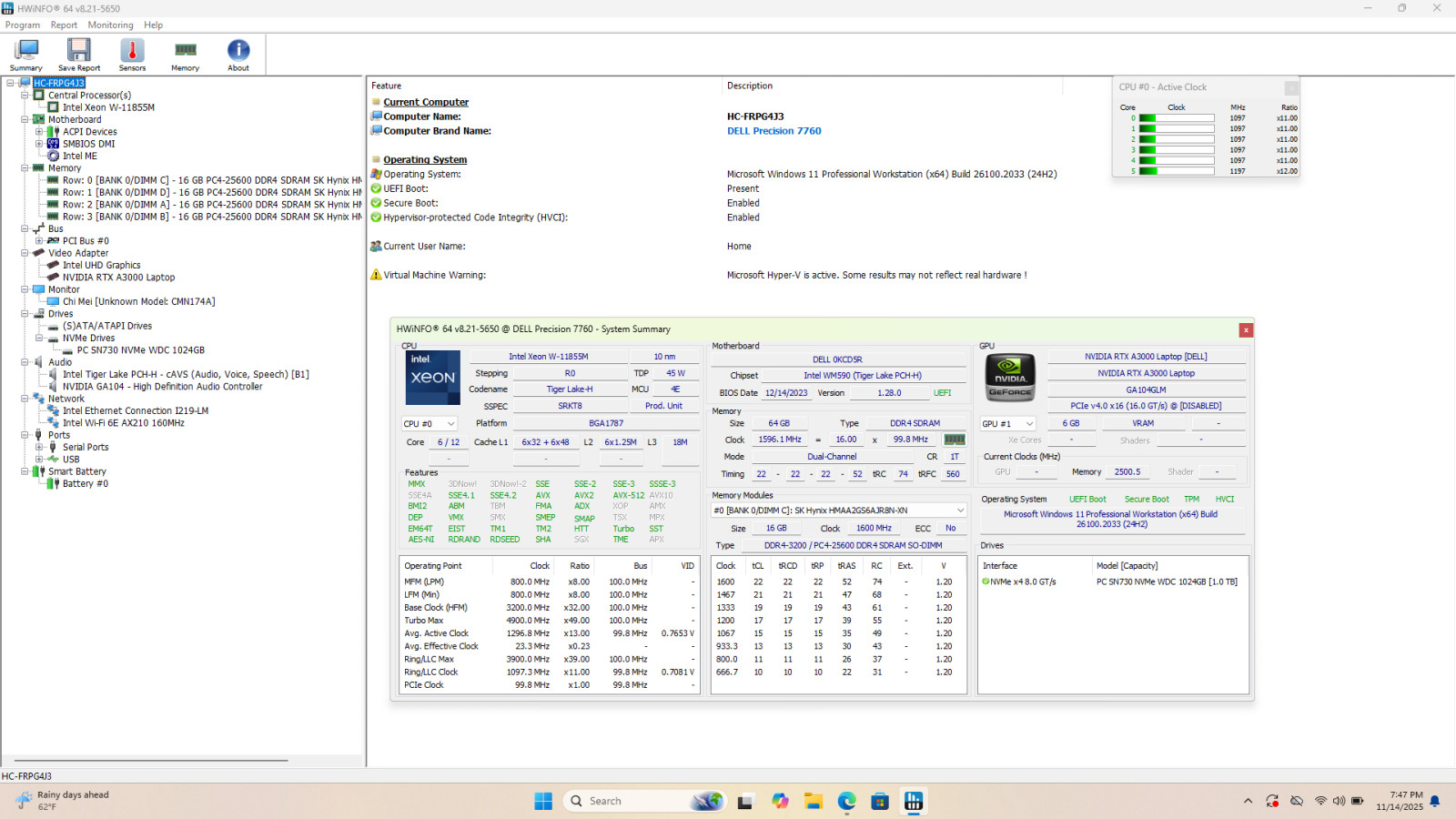 Dell Precision 7760 17.3″ FHD, Xeon W-11855M ,64GB,1TB, RTX A3000 *Pls READ*