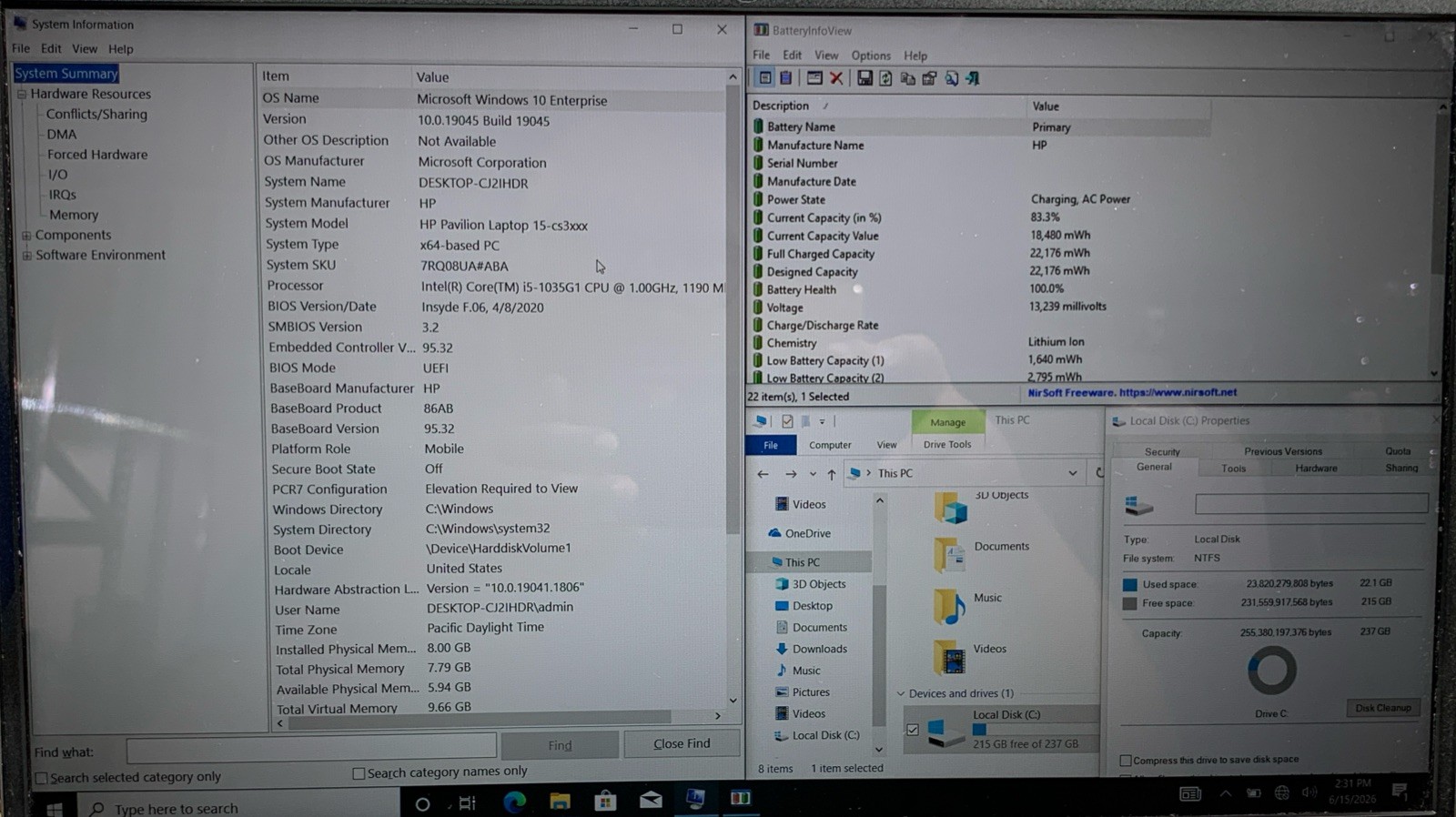 HP Pavillion 15-cs3xxx Core i5-1035G1@1.0GHz, 8GB RAM, 256GB SSD, W10P