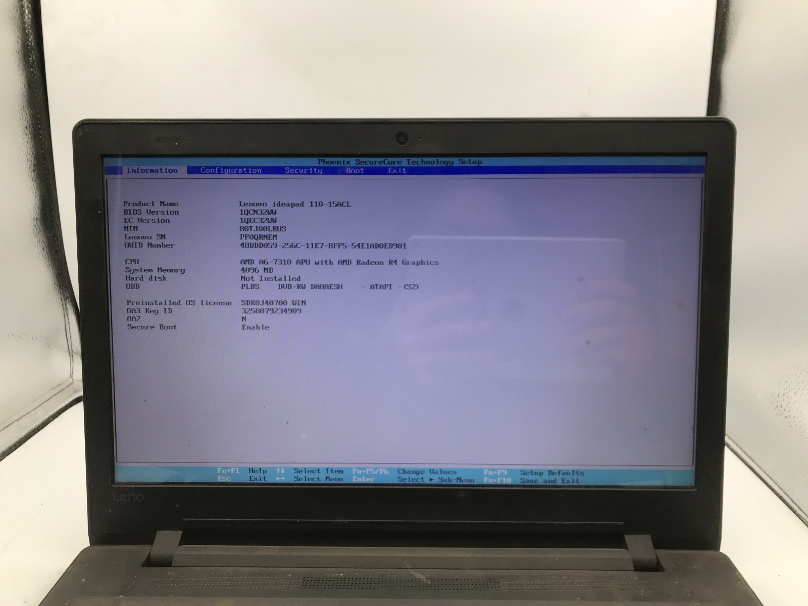 LENOVO IDEAPAD 110 15ACL – BOOTS TO BIOS – AMD A6 7310 – 4GB RAM – READ DESC -BB