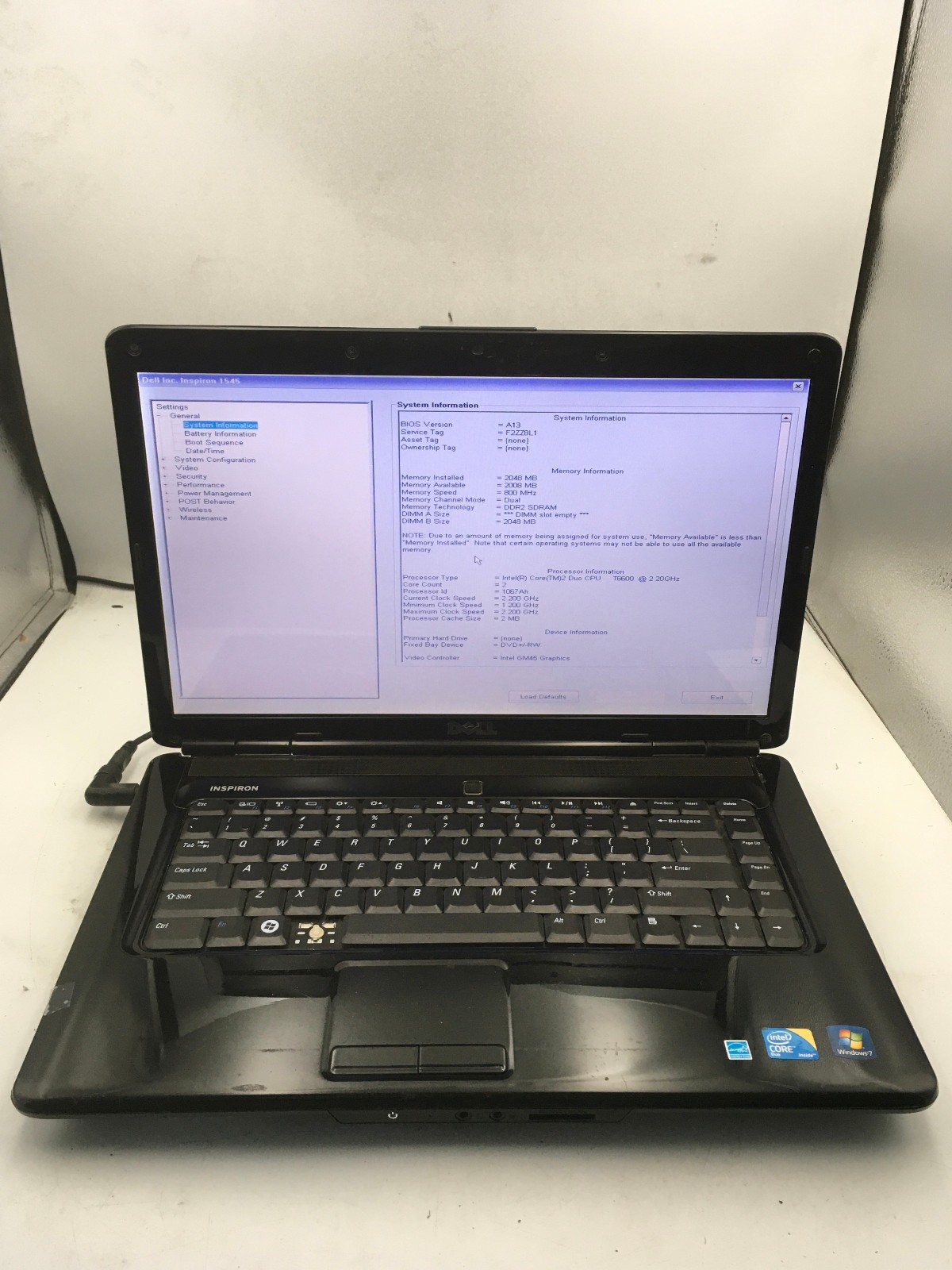 DELL INSPIRON 1545 – BOOTS TO BIOS – INTEL 2 DUO T6600 – 2GB RAM – READ DESC -BB
