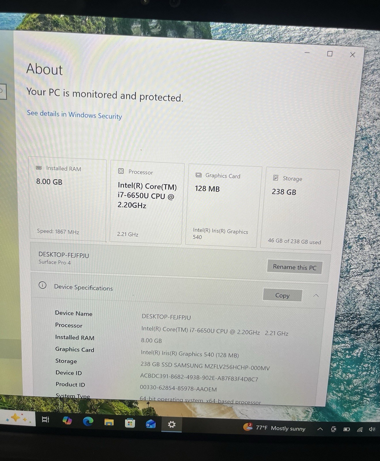 Microsoft Surface Pro 4 1724p Display, I7-6650U, 16GB RAM, 256GB