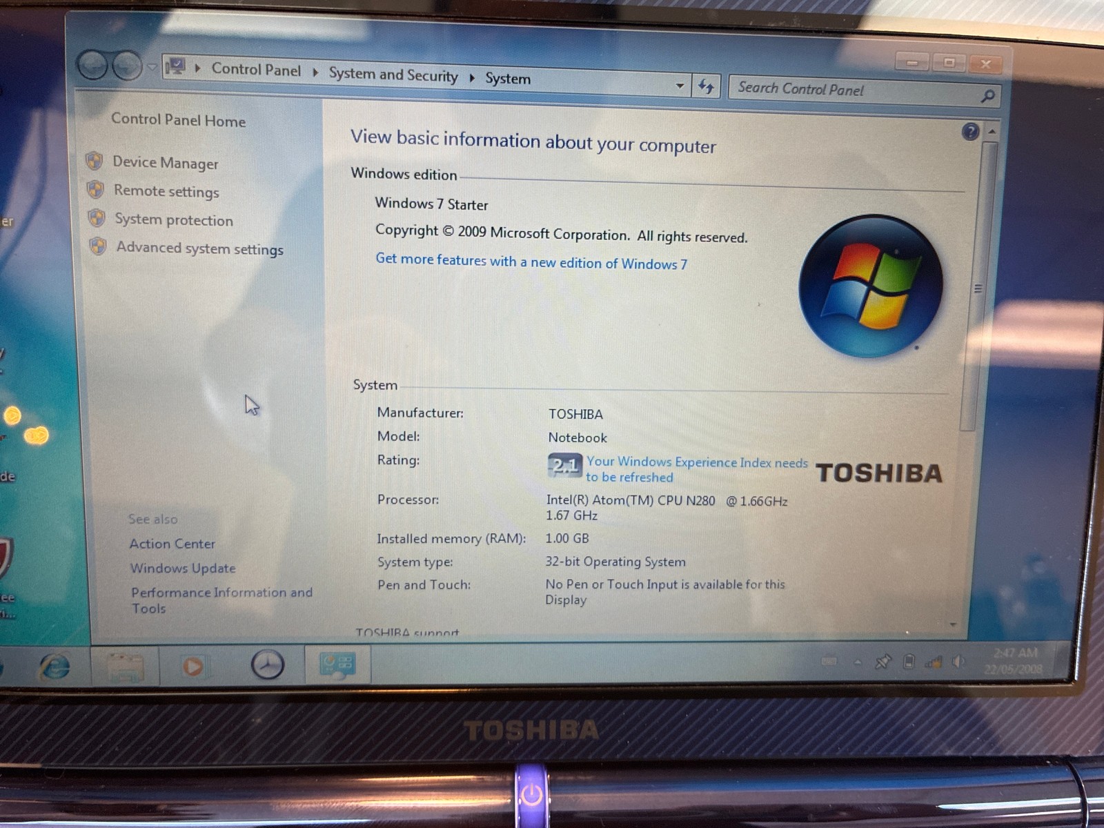 Grade A 🔥 Toshiba NB200-00C 10.1 inch Atom N280 2GB 250G HD Win 7 + Ac adapter