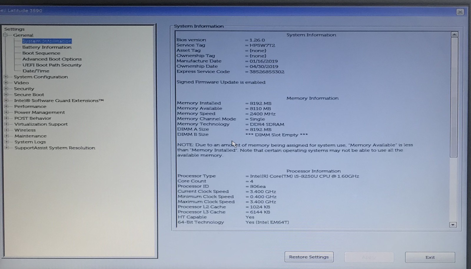 DELL LATITUDE 3590 i5-8250U@1.60GHz 8GB RAM 128GB M.2 SATA SSD W11P *READ