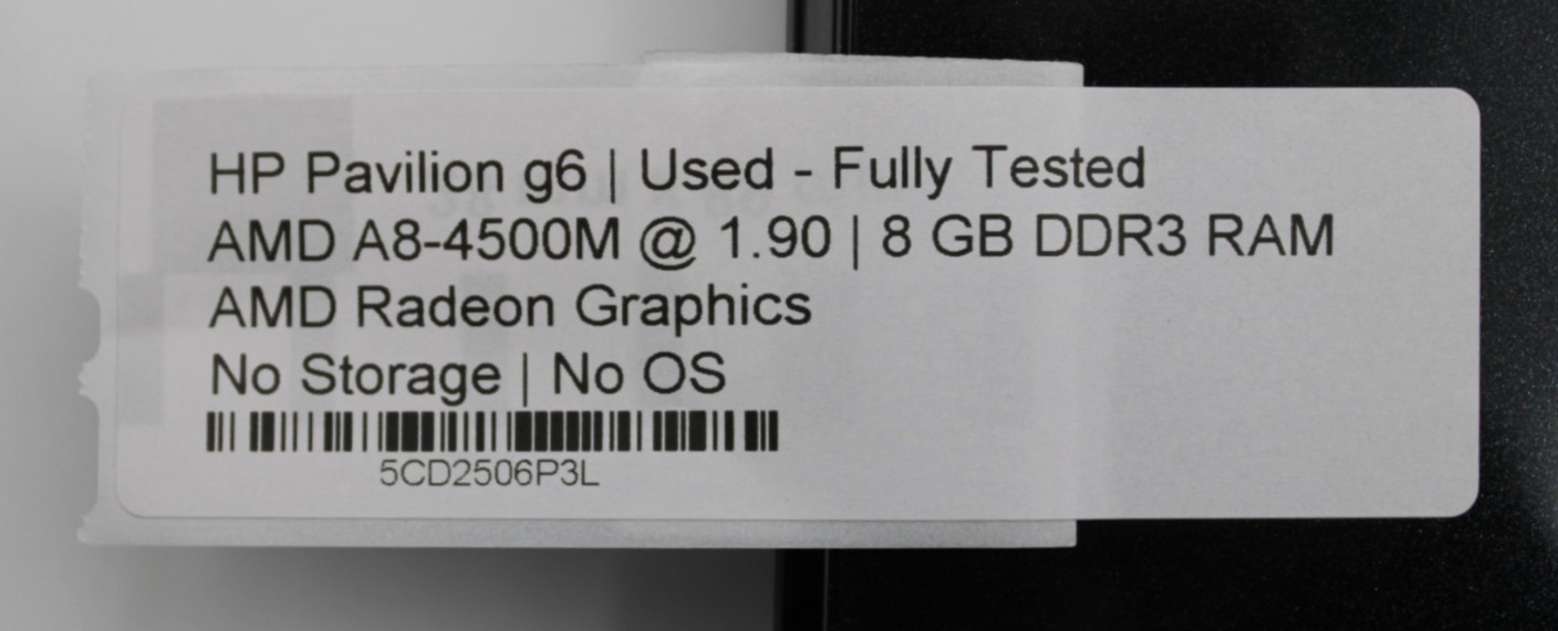 HP Pavilion G6 AMD A8-4500M@1.9GHz 8GB DDR3 NO STORAGE/OS *USED TESTED*