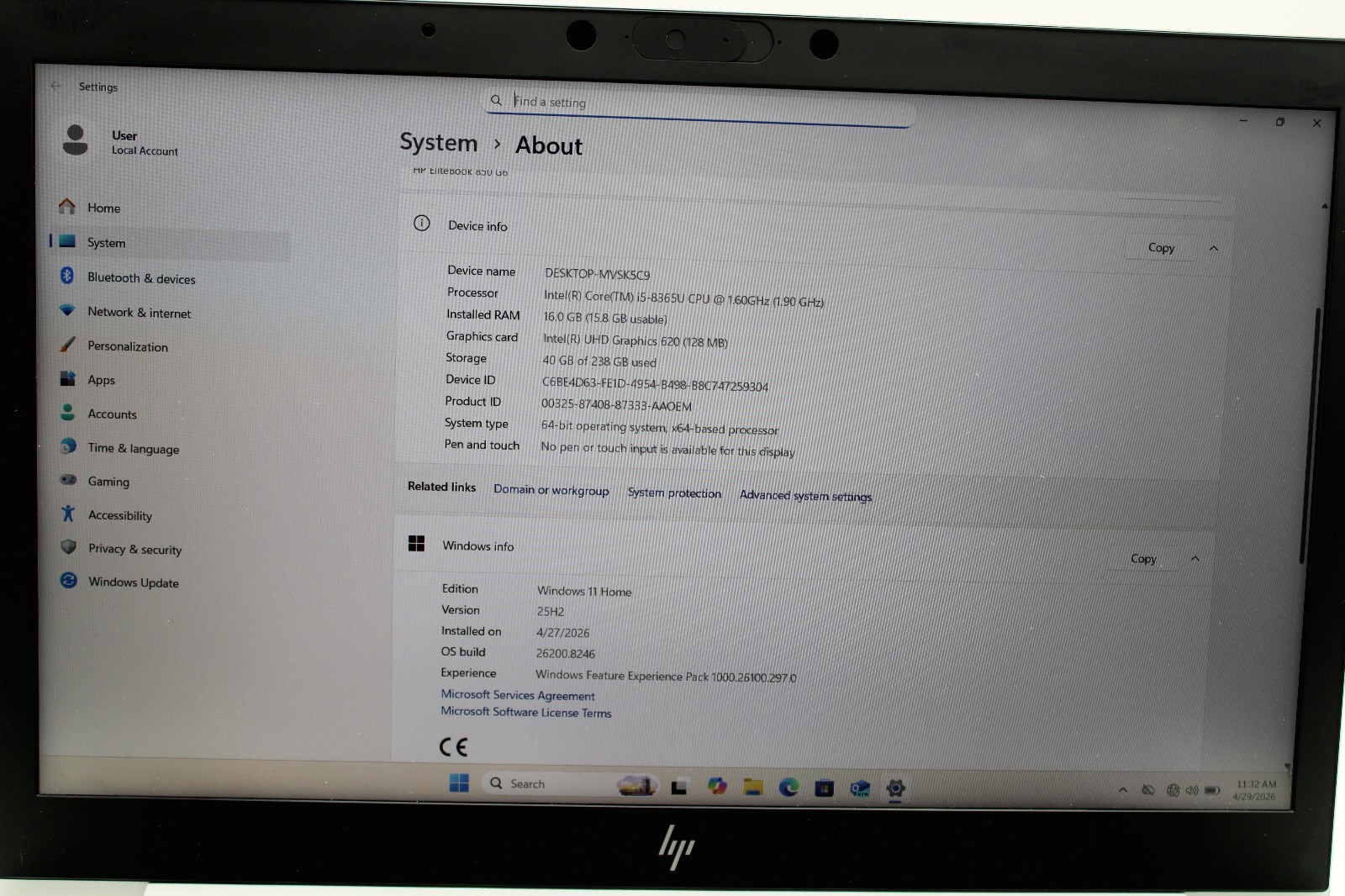 HP EliteBook 850 G6 _ i5-8365U @ 1.6 _ 16GB RAM _ 256GB SSD _ W11H