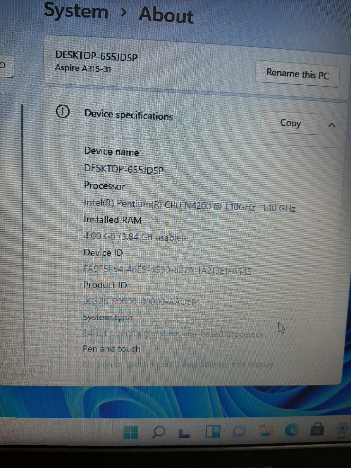 Acer Aspire A315-31 Intel Pentium N4200 1.10GHz 4GB RAM 128GB SSD Win11 #97