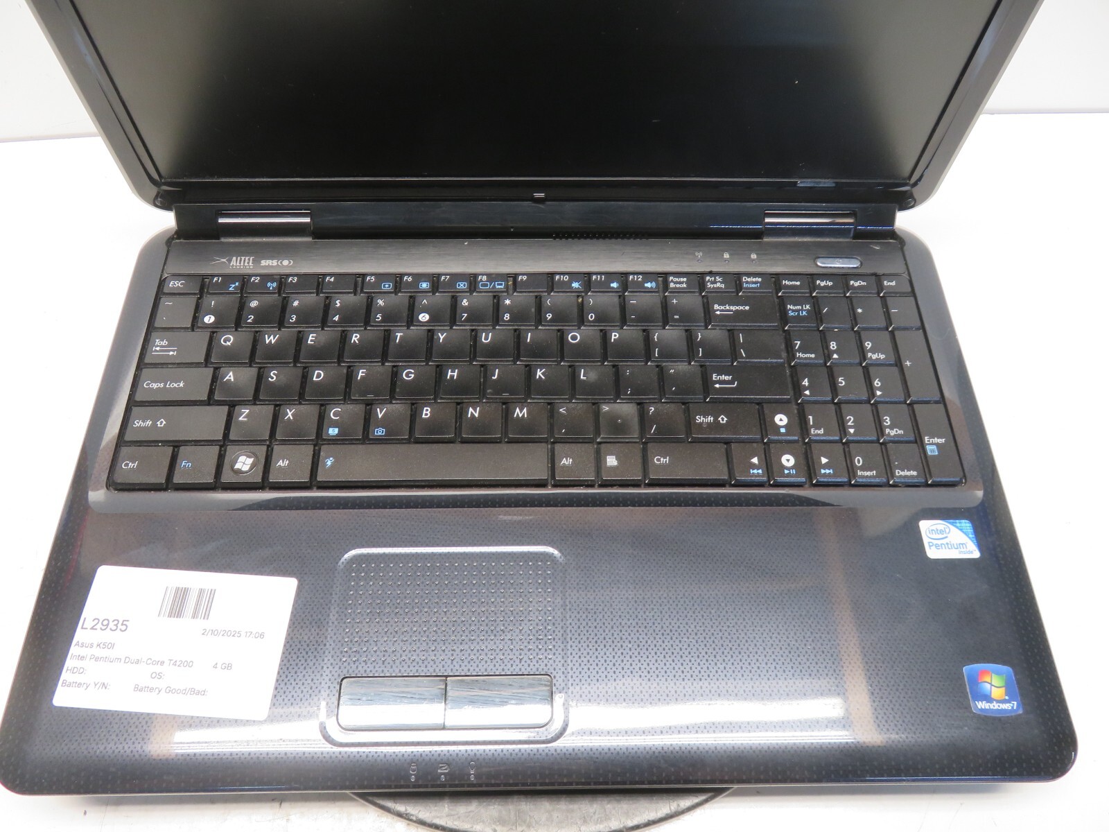 Asus K50I Intel Pentium Dual-Core T4200 2GHz 4 GB NO HDD No Batt