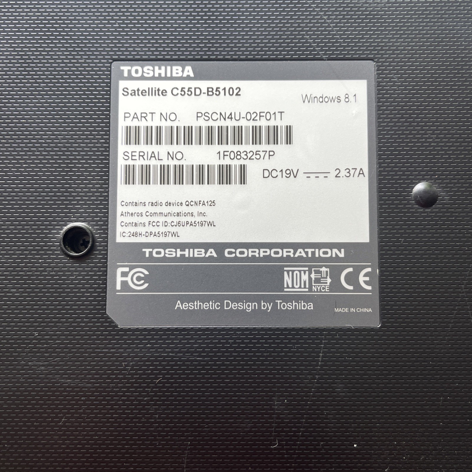 TOSHIBA SATELLITE C55D B5102 Includes Power Supply. Powers On.