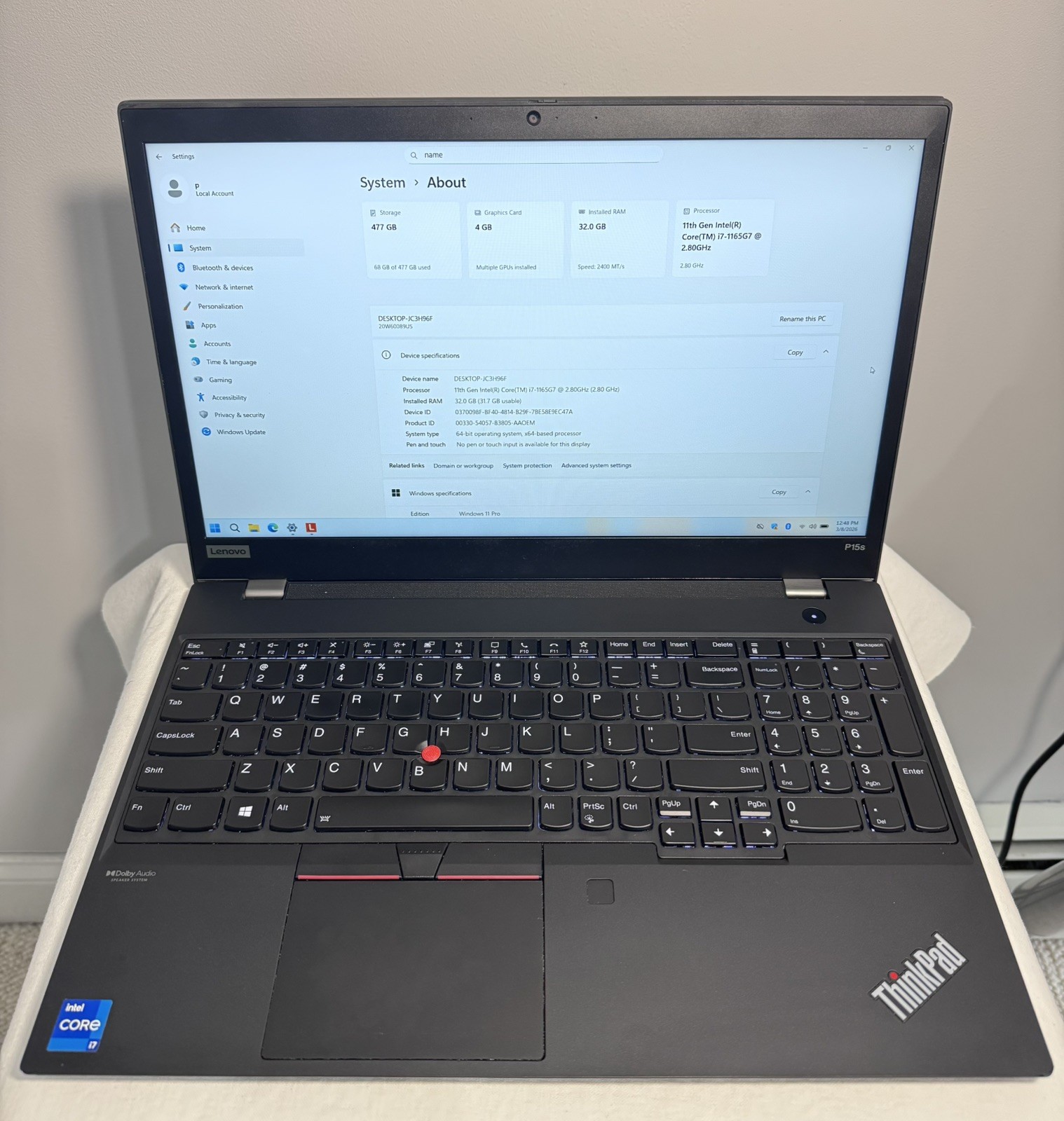LENOVO ThinkPad P15s Gen2i i7 15.6″ 32GB RAM 512GB SSD WIN11P NVIDIA T500