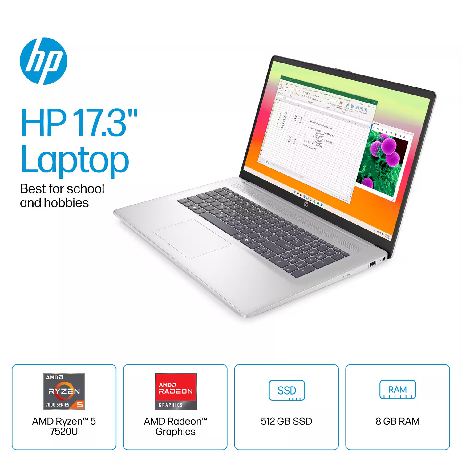 HP 17 17.3″ 1920×1080 AMD Ryzen 5 7520U 8GB RAM 512GB+PCIe SSD Windows 11 Home