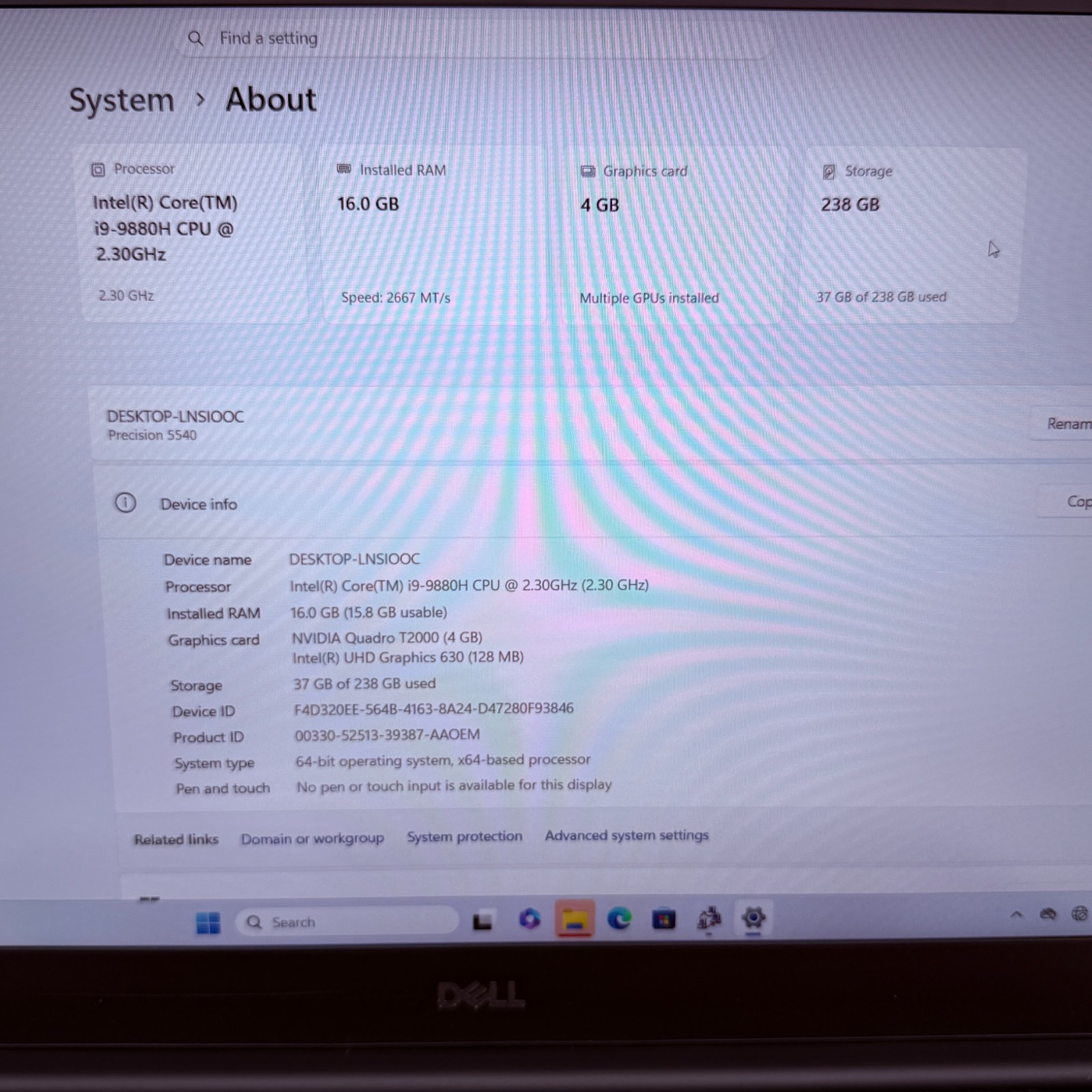 Dell Precision 5540 i9-9880H 16GB RAM 256GB Quadro T2000 Win11 Pro Gaming Laptop