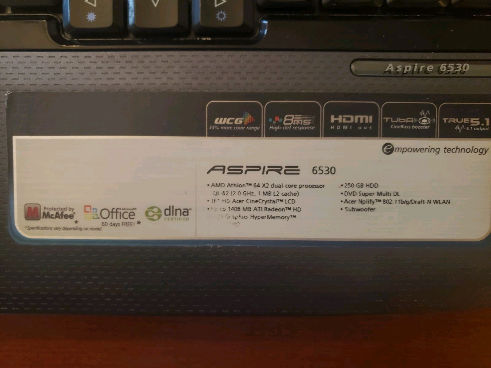 Acer Aspire 6530 Rare Laptop AMD Athlon x2 2ghz ATI 256mb 1gb NO HDD POWERS ON