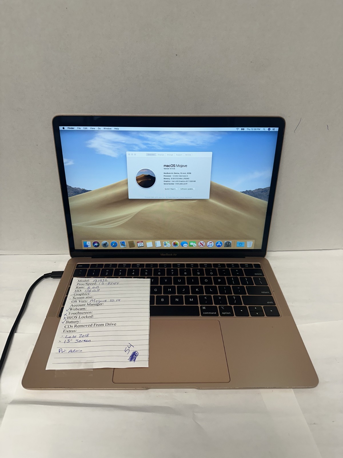 Apple MacBook A1932 i5-8th/8GB 128GB SSD Mojave (No Charger) Late 2018 13″