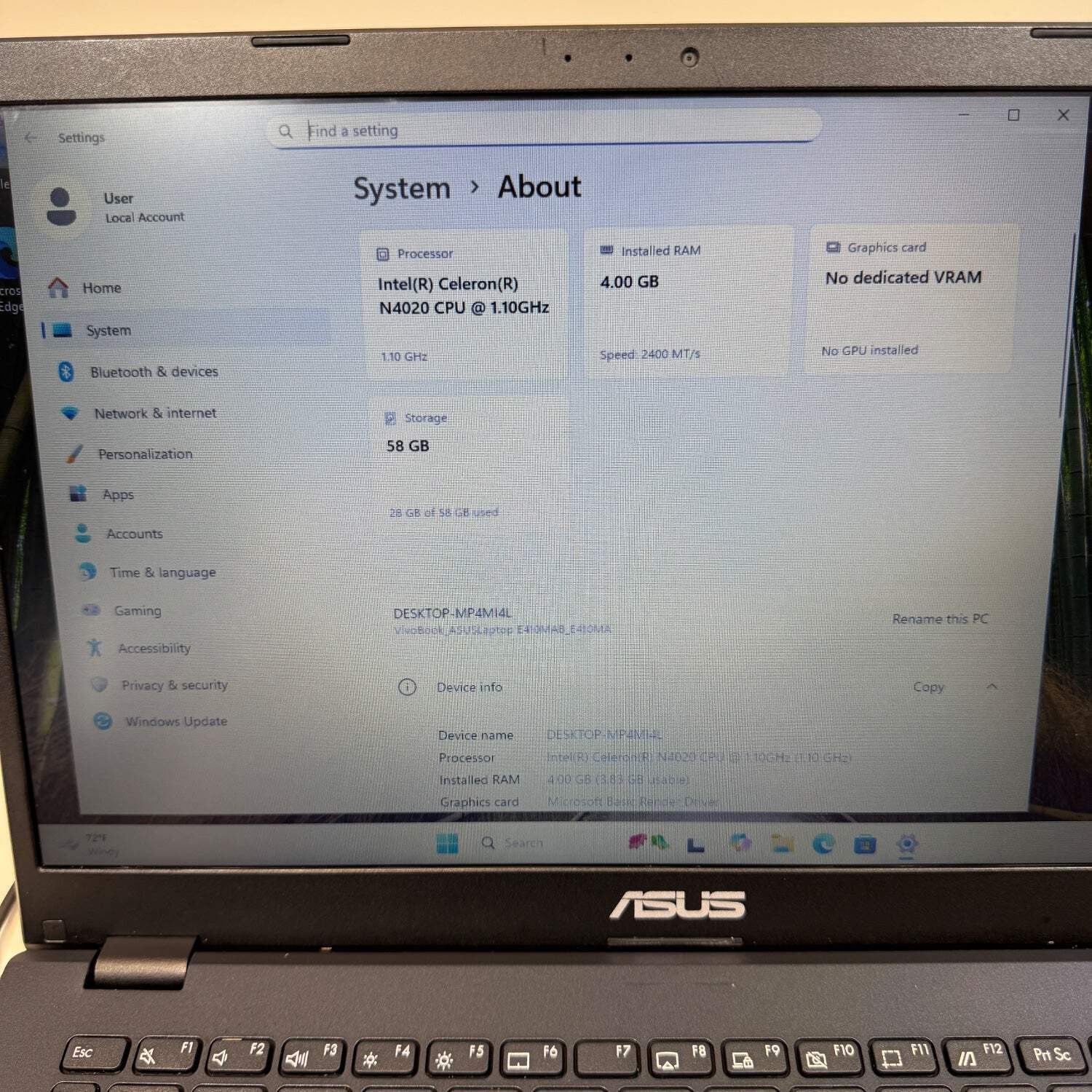 Broken Asus E14M NDXL 14″ Celeron N4020 1.1GHz 4GB RAM 64GB SSD Bad Battery
