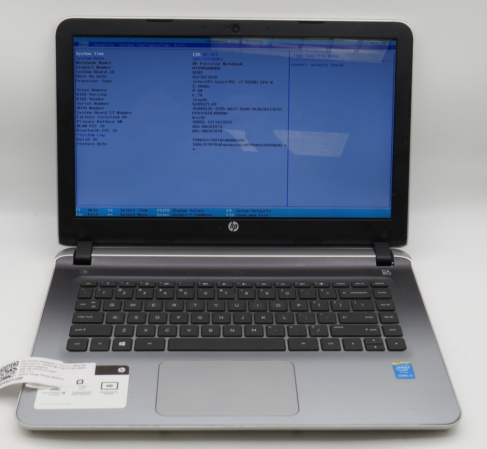 HP Pavillion i3-5020U @ 2.2GHz 8GB DDR3 256GB SSD 14″ No OS
