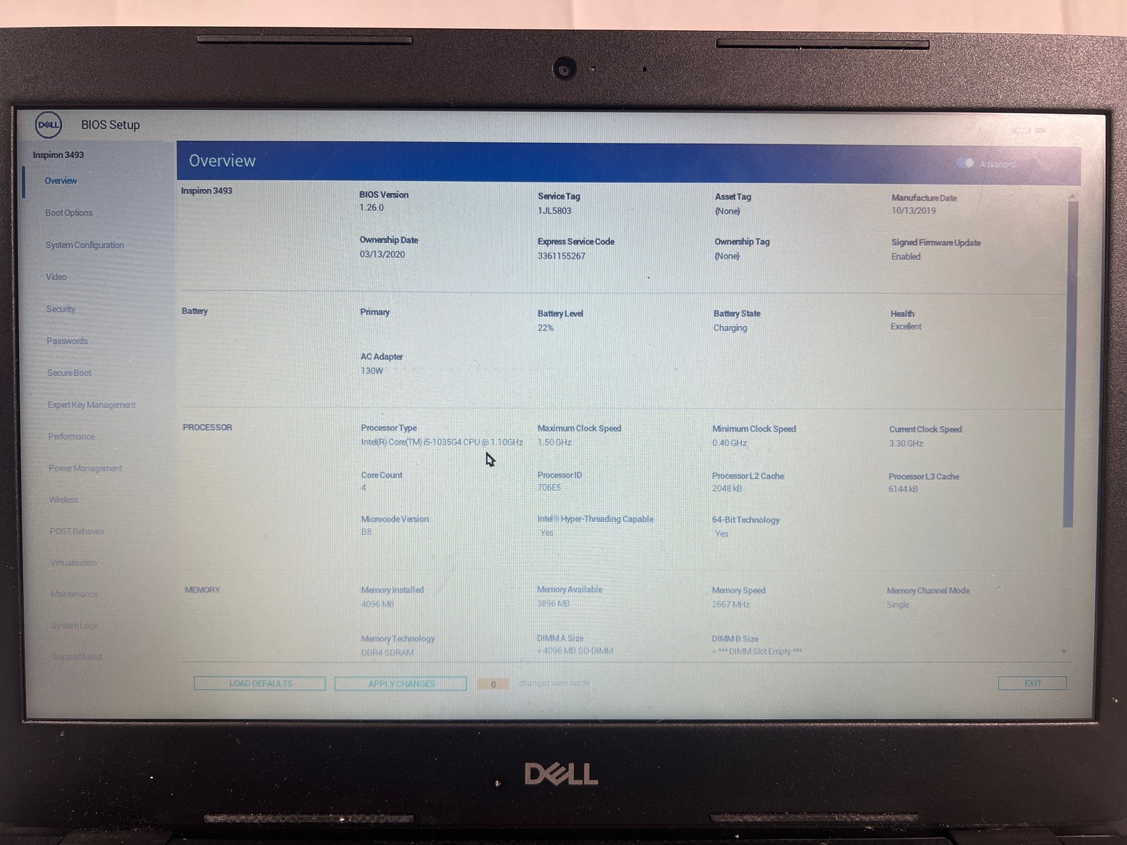 Dell Inspiron 3493 i5-1035G4 No Ram No Drive M2 Broken 14″ Parts