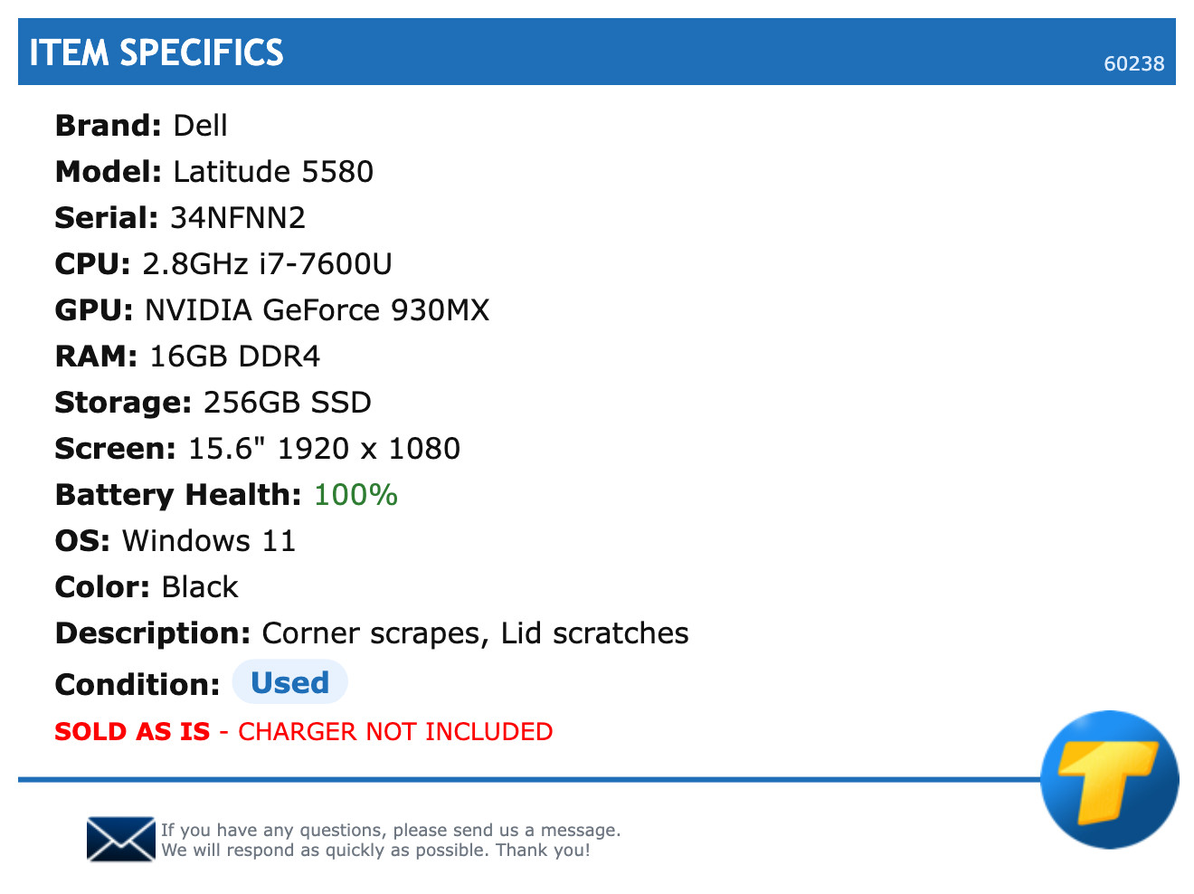 Dell Latitude 5580 – 15.6″ FHD, 2.8GHz i7, 16GB RAM, 256GB SSD, Windows 11