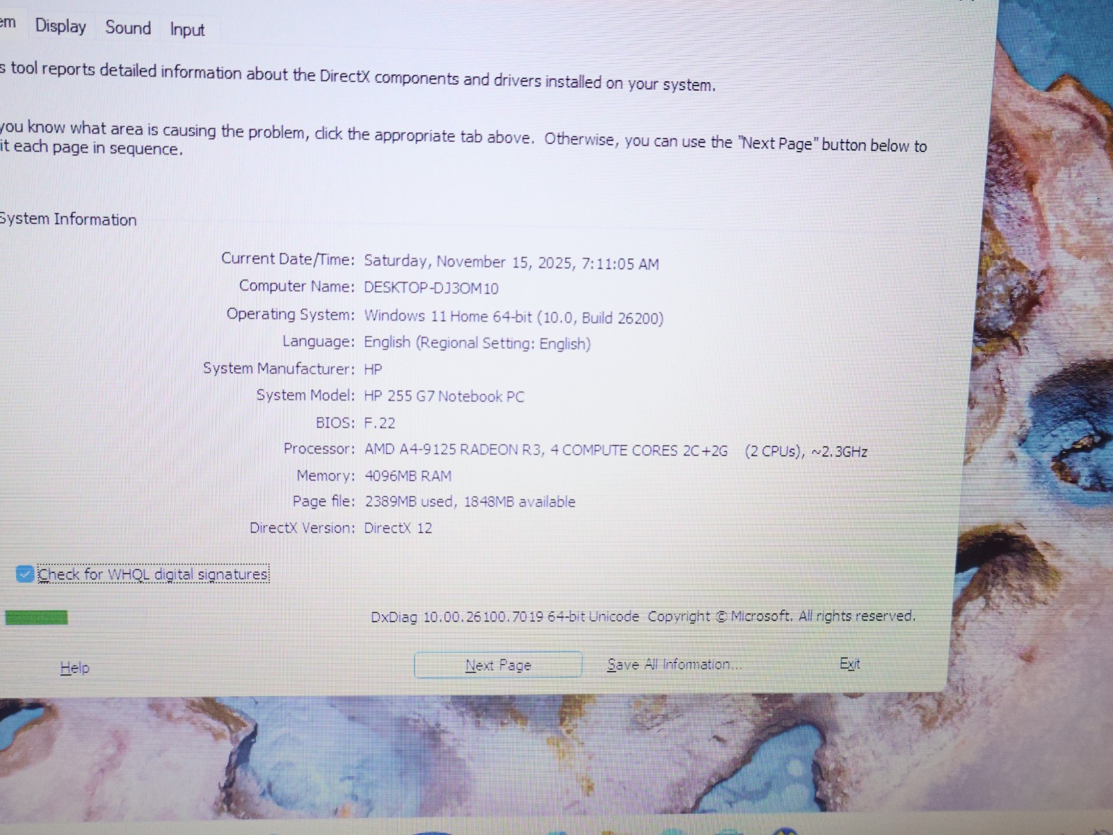 HP Notebook 255 G7 AMD A4-9125 Radeon R3 2.30GHz 4GB RAM 120GB NO BATTERY