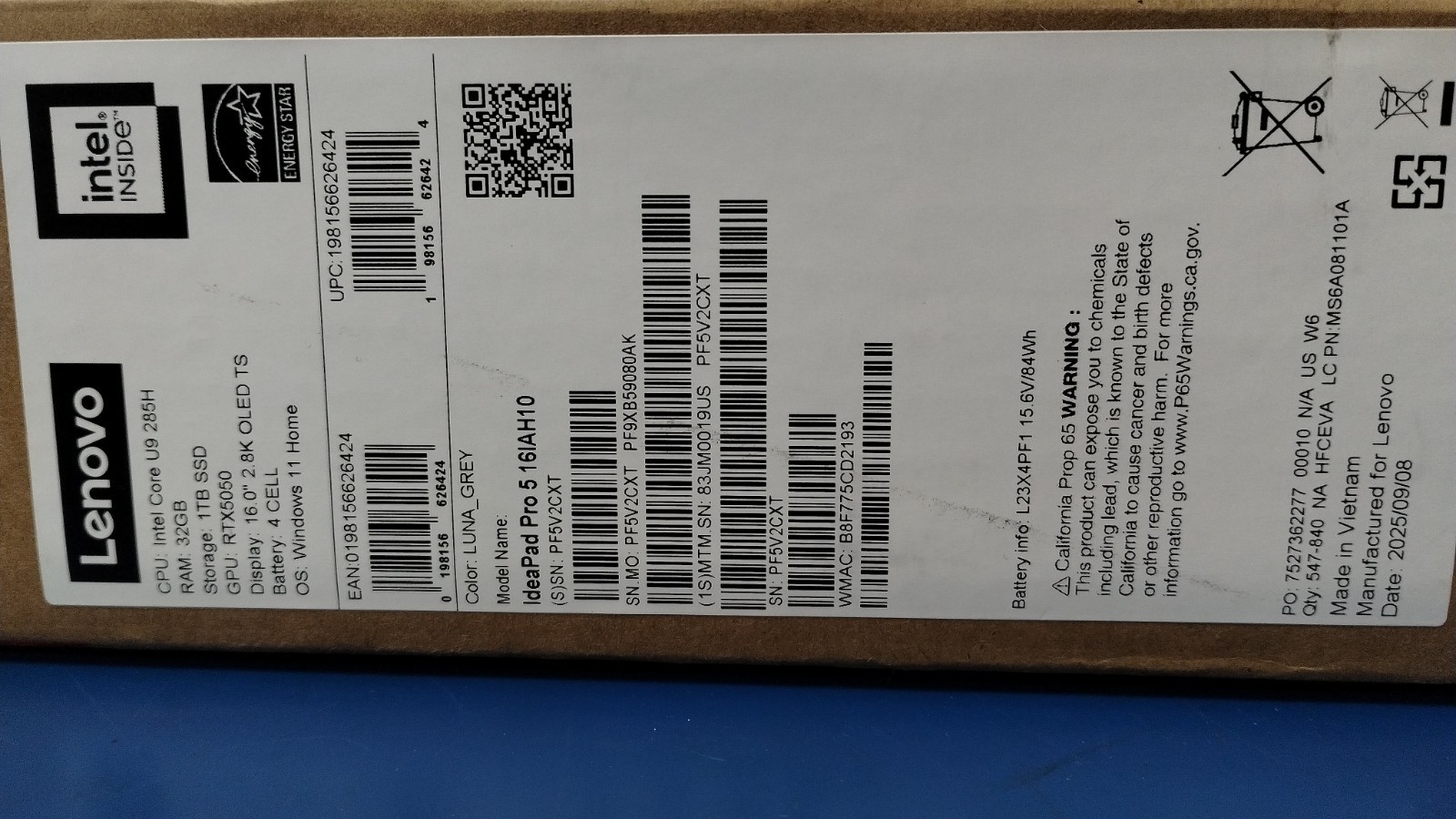 LENOVO IdeaPad Pro 5 1IAH10, Intel Core Ultra 9 285H, 2.90 GHz 32 GB, 1 TB NVMe