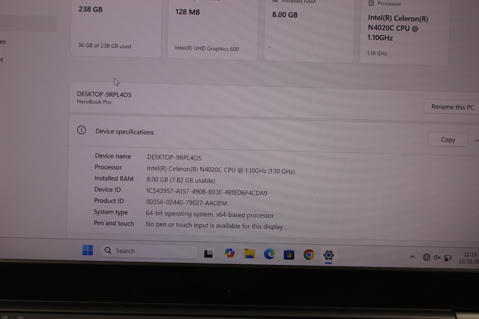CHUWI HeroBook Pro 14.1″ FHD Celeron N4020 1.1GHz Intel 600 8GB RAM (AS IS) READ