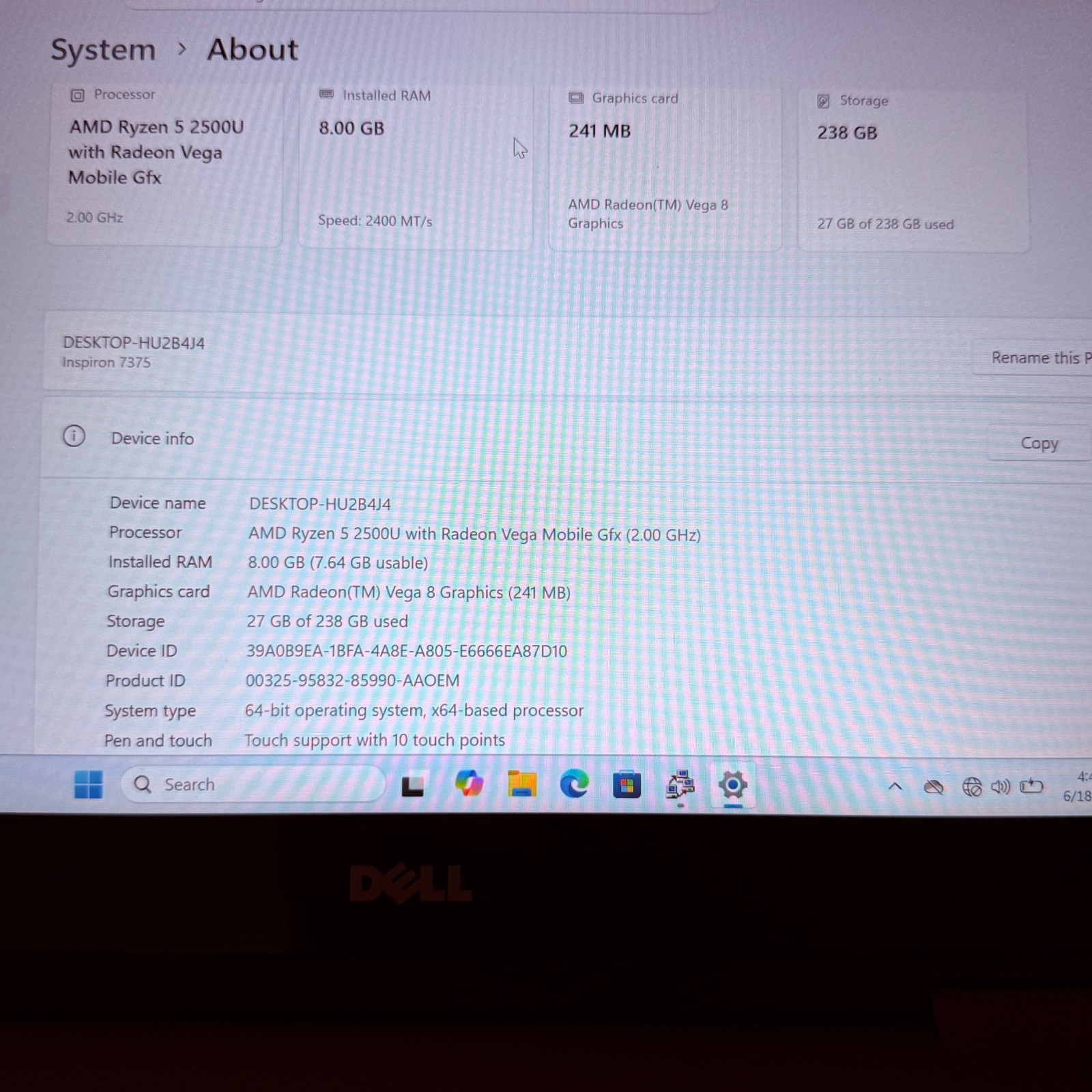 Dell Inspiron 7375 2-in-1 Ryzen 5 2500U 8GB 256GB SSD Touchscreen Win11 with AC