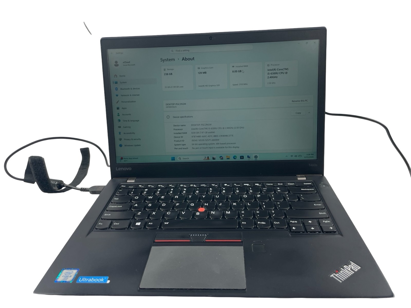 Lenovo ThinkPad T460s Core i7-6300U@2.40GHz 8GB RAM 256GB SSD Win. 11 Pro-NO AC